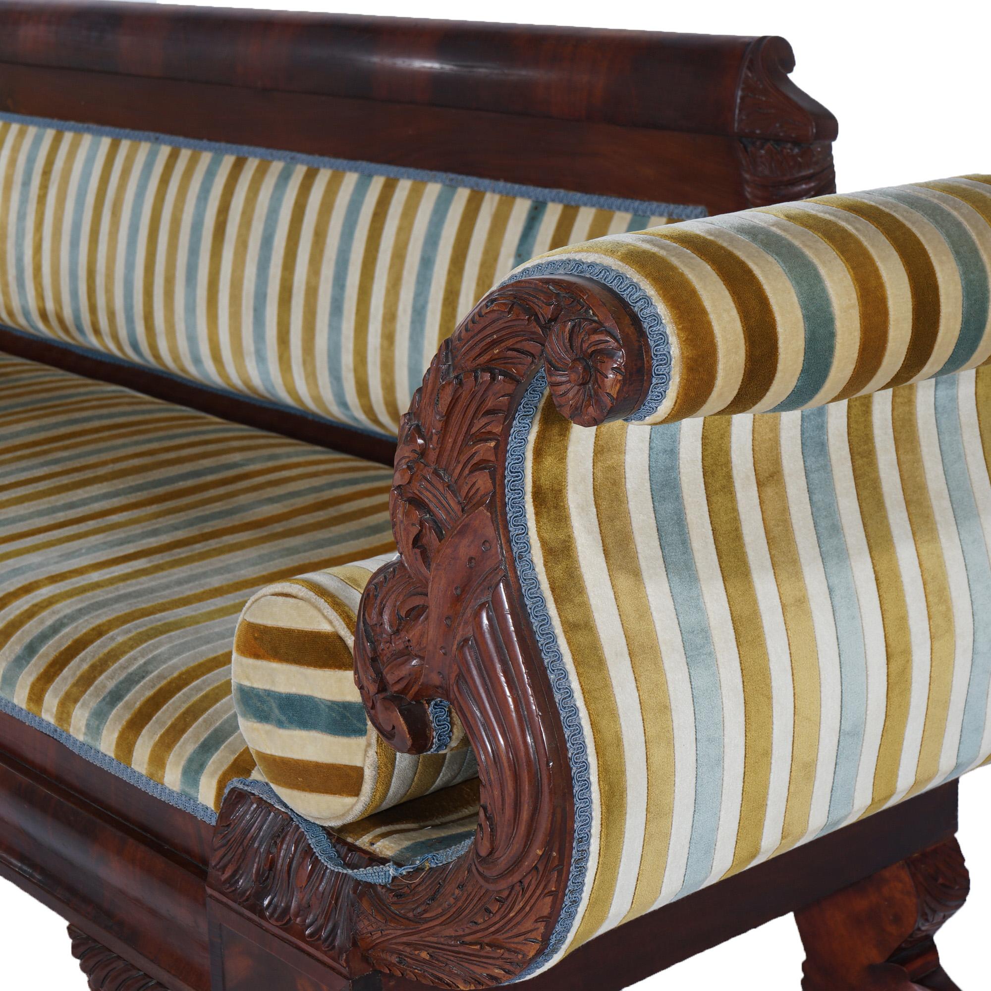 Antique American Empire Cornucopia Carved Flame Mahogany Upholstered Sofa C1840 In Good Condition In Big Flats, NY