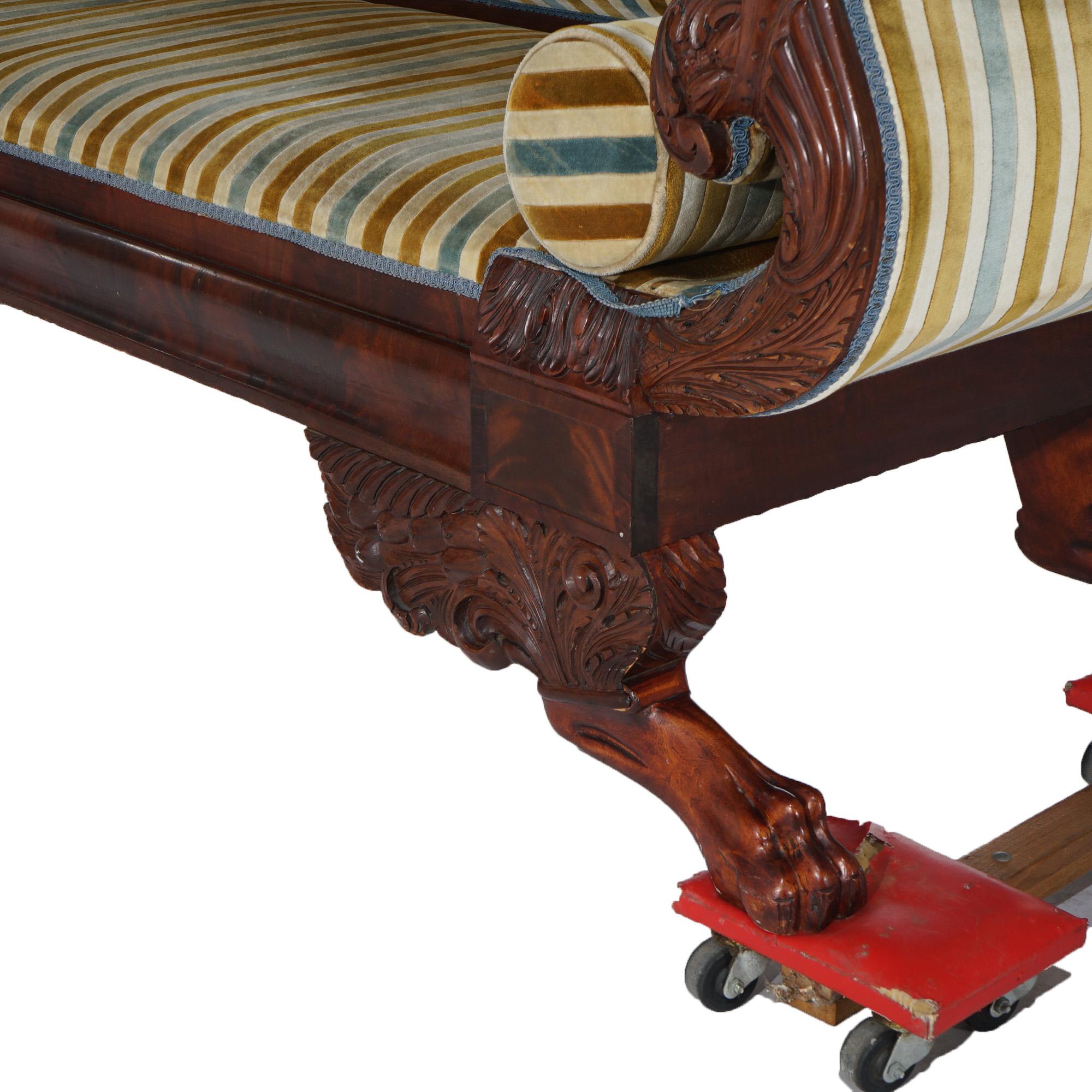 19th Century Antique American Empire Cornucopia Carved Flame Mahogany Upholstered Sofa C1840
