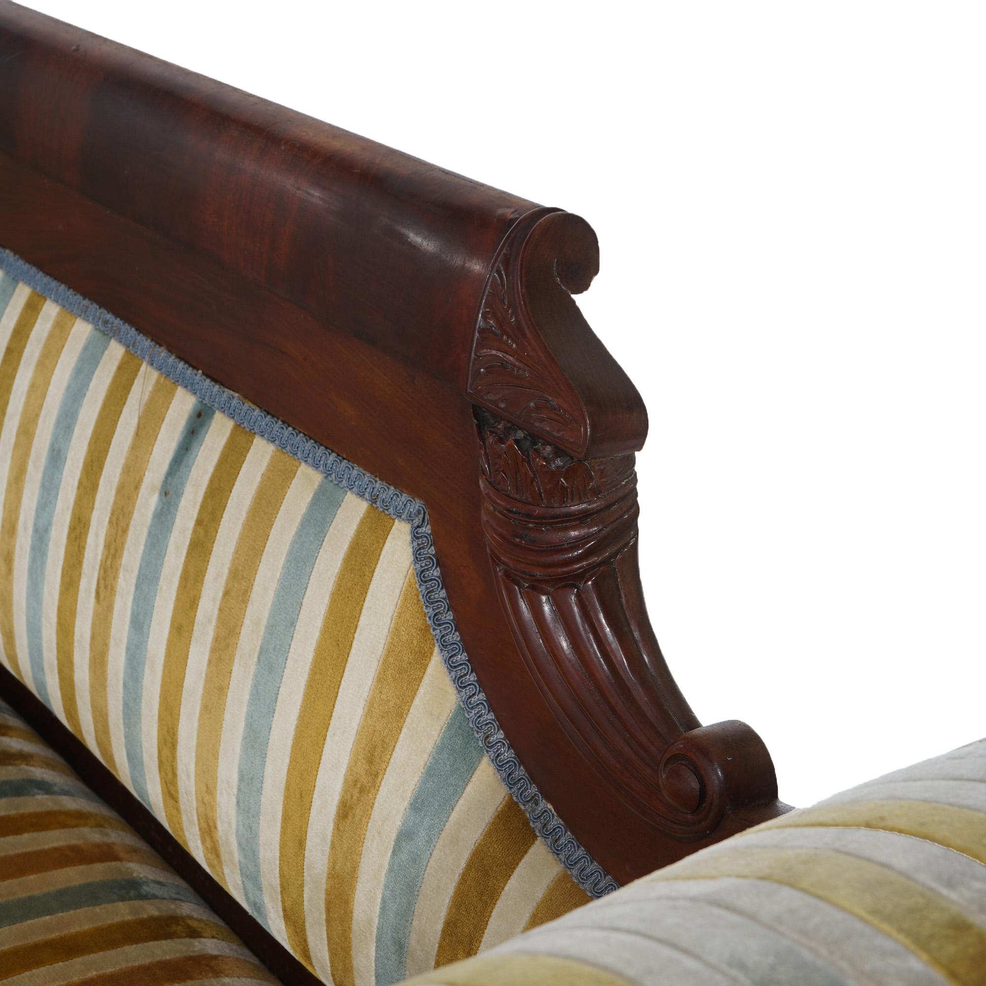 Upholstery Antique American Empire Cornucopia Carved Flame Mahogany Upholstered Sofa C1840