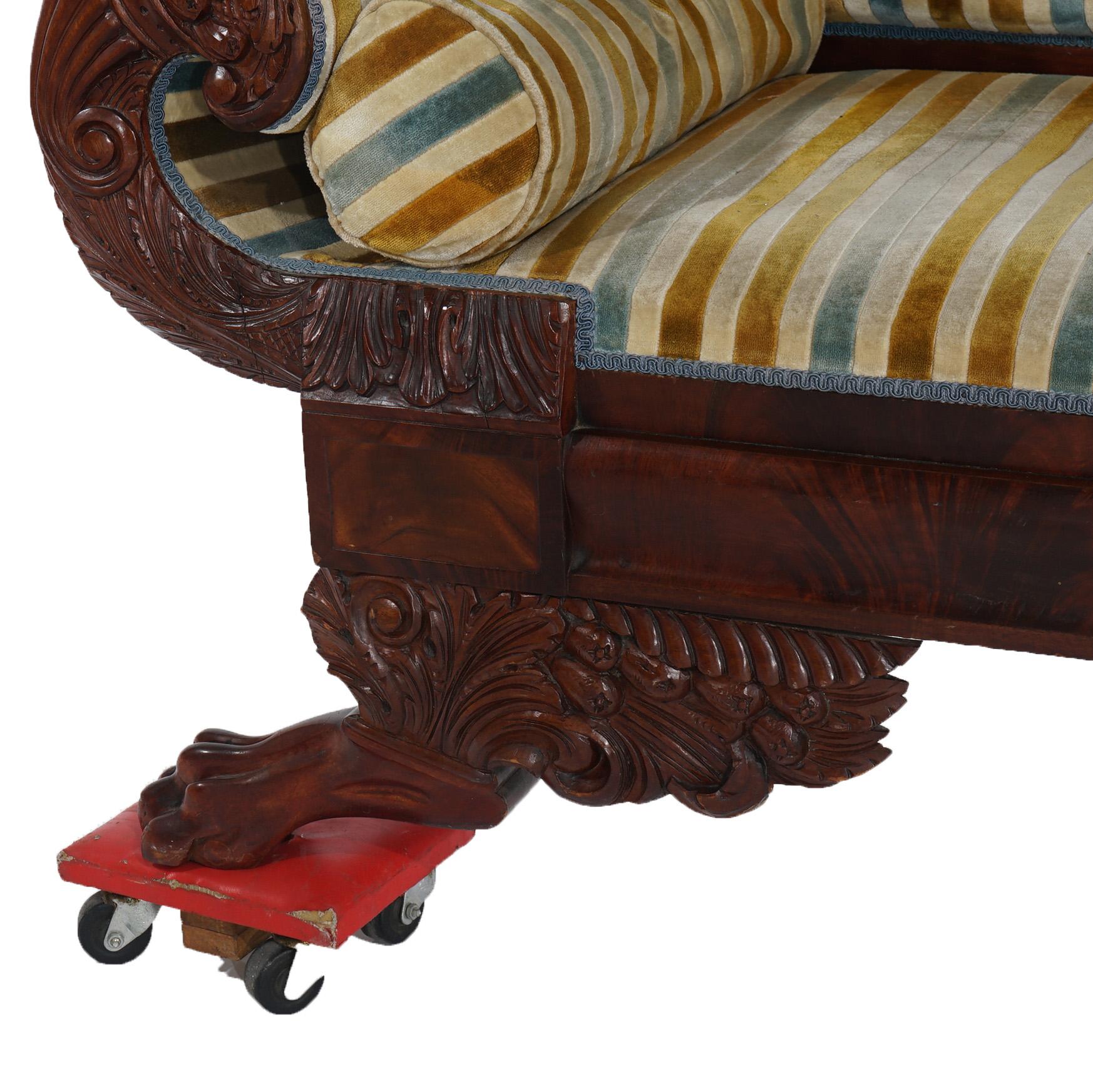 Antique American Empire Cornucopia Carved Flame Mahogany Upholstered Sofa C1840 1