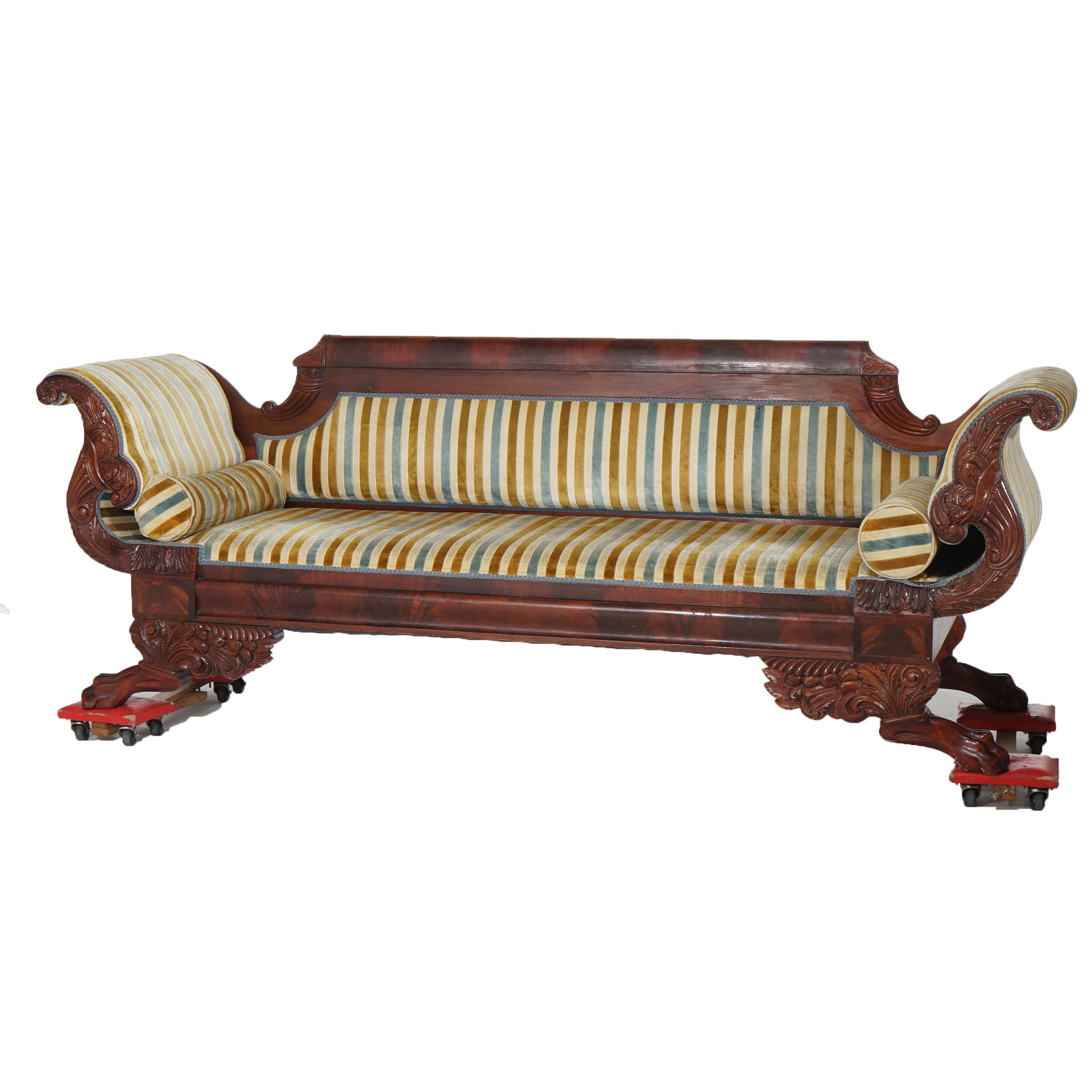 Antique American Empire Cornucopia Carved Flame Mahogany Upholstered Sofa C1840 2