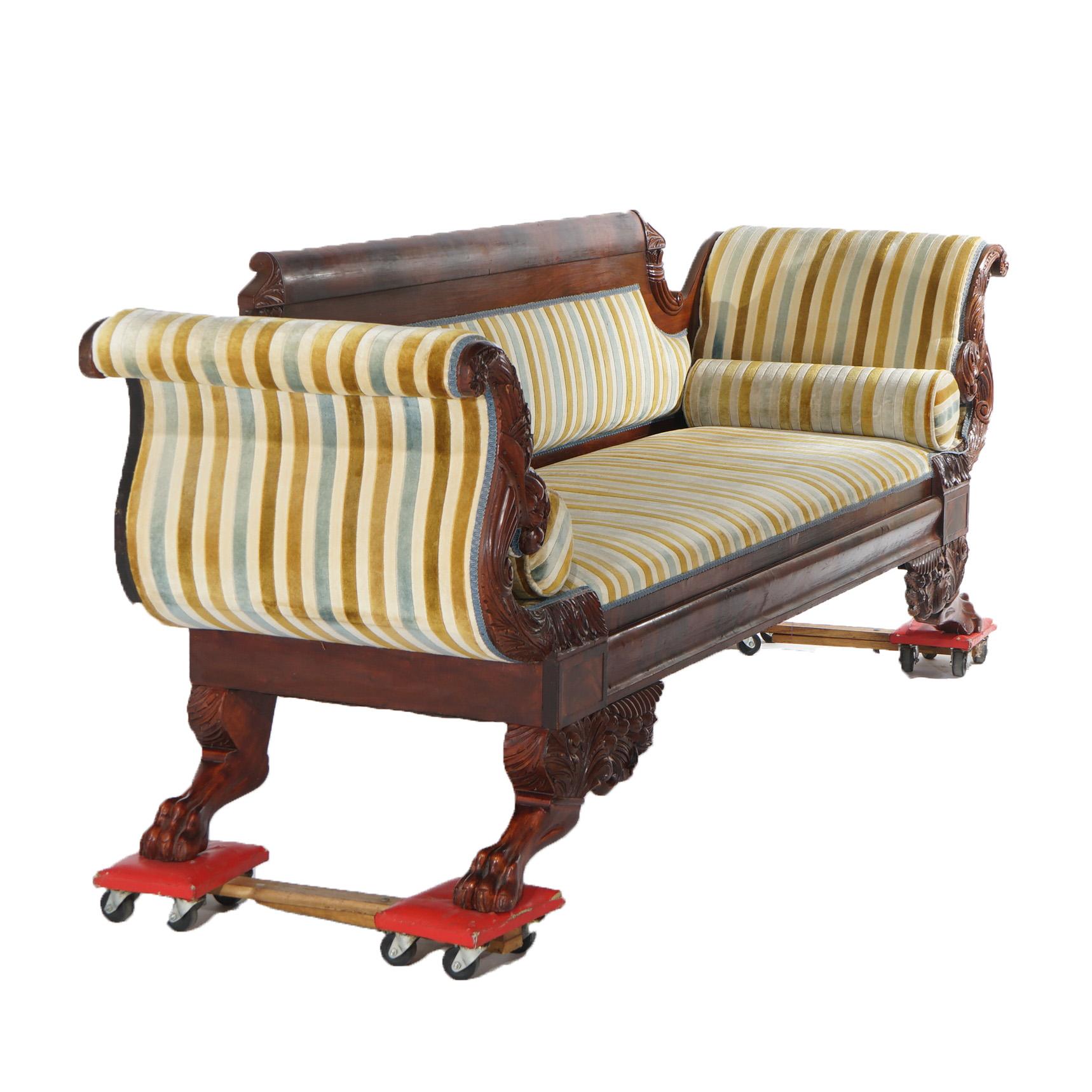 Antique American Empire Cornucopia Carved Flame Mahogany Upholstered Sofa C1840 3