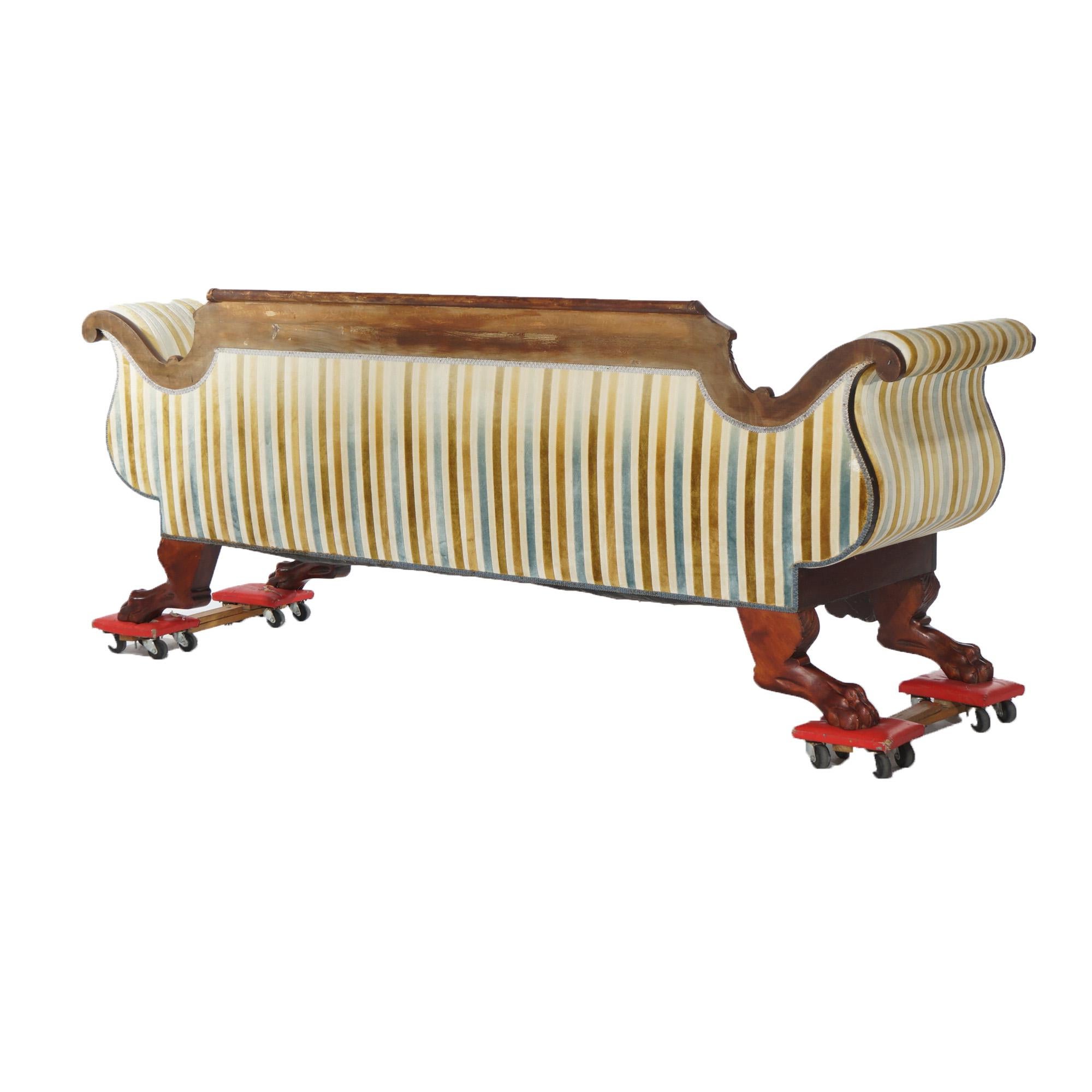 Antique American Empire Cornucopia Carved Flame Mahogany Upholstered Sofa C1840 4
