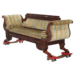 Antique American Empire Cornucopia Carved Flame Mahogany Upholstered Sofa C1840