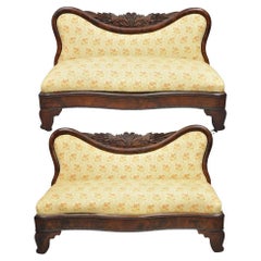 Antique American Empire Cornucopia Carved Mahogany Slipper Bench - a Pair