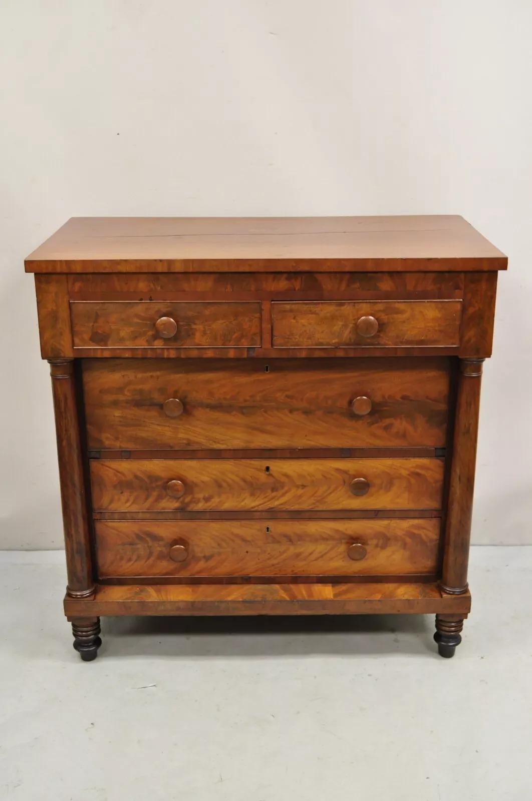 Antique American Empire Crotch Mahogany 5 Drawer Highboy Tall Chest Dresser 7