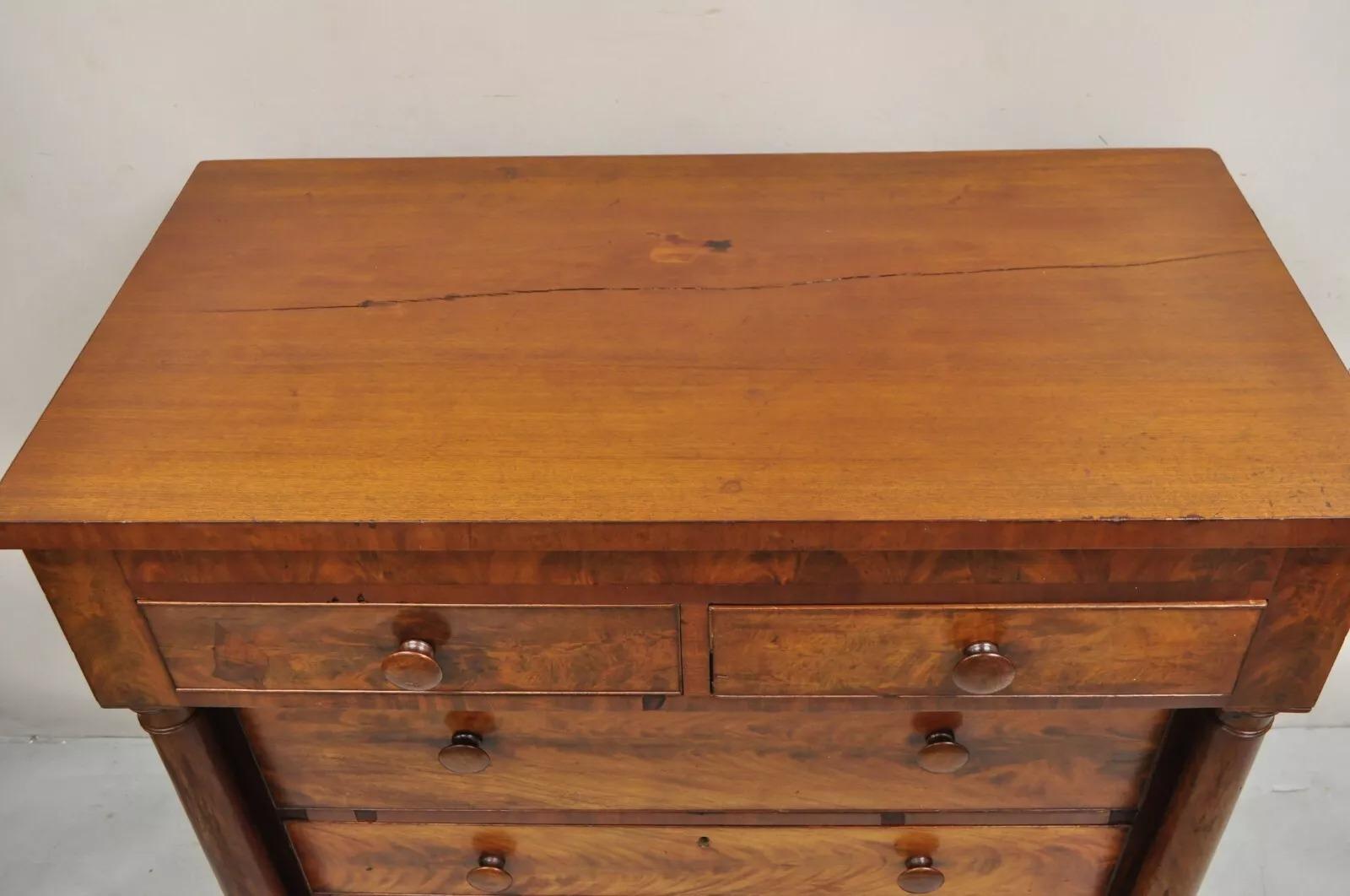 Unknown Antique American Empire Crotch Mahogany 5 Drawer Highboy Tall Chest Dresser