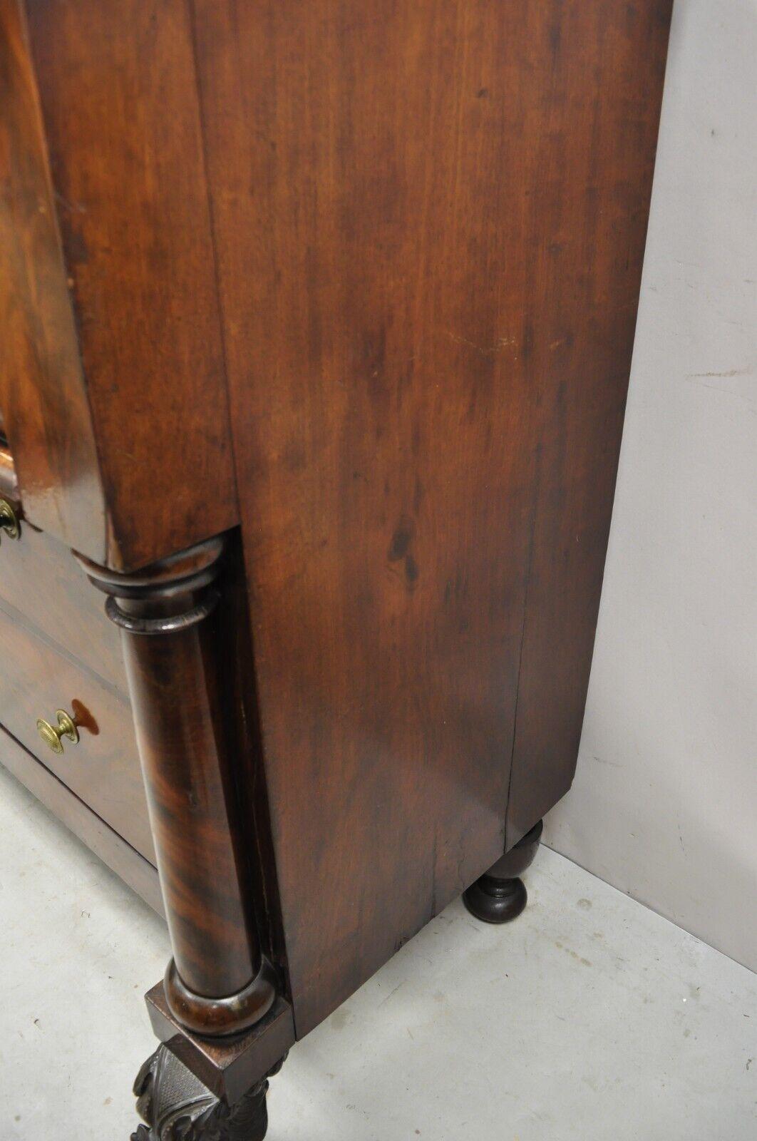 Antique American Empire Crotch Mahogany Chest Drawers Step Back Dresser Paw Feet For Sale 5