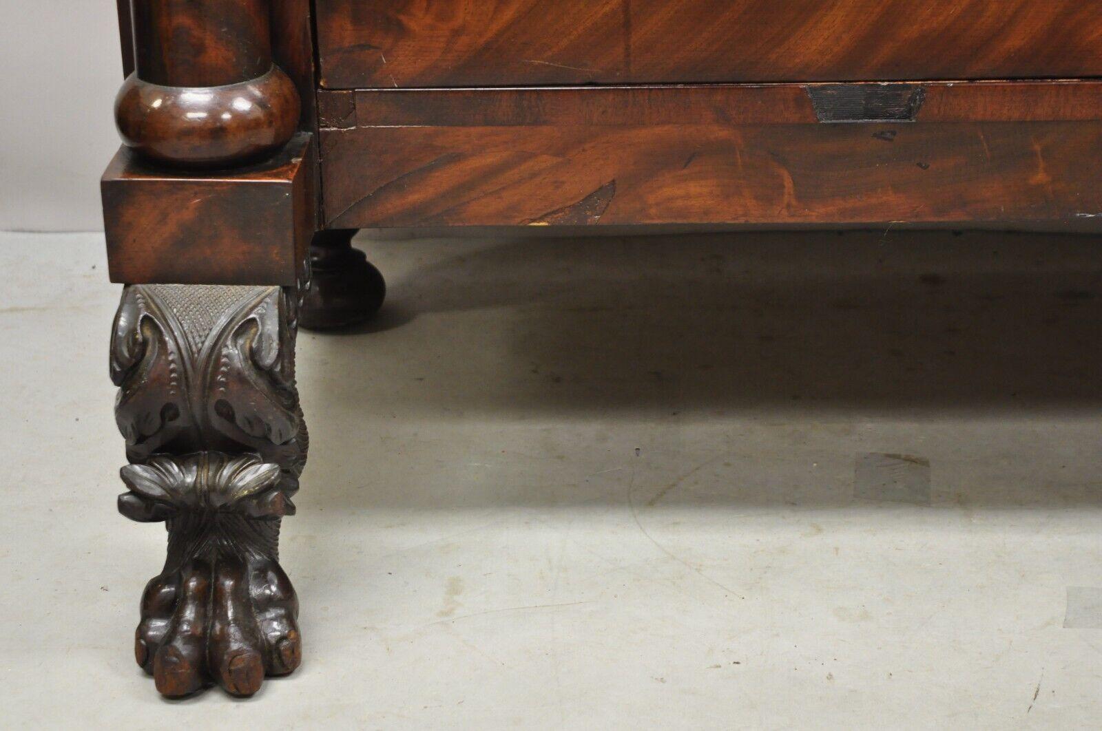 Antique American Empire Crotch Mahogany Chest Drawers Step Back Dresser Paw Feet For Sale 6