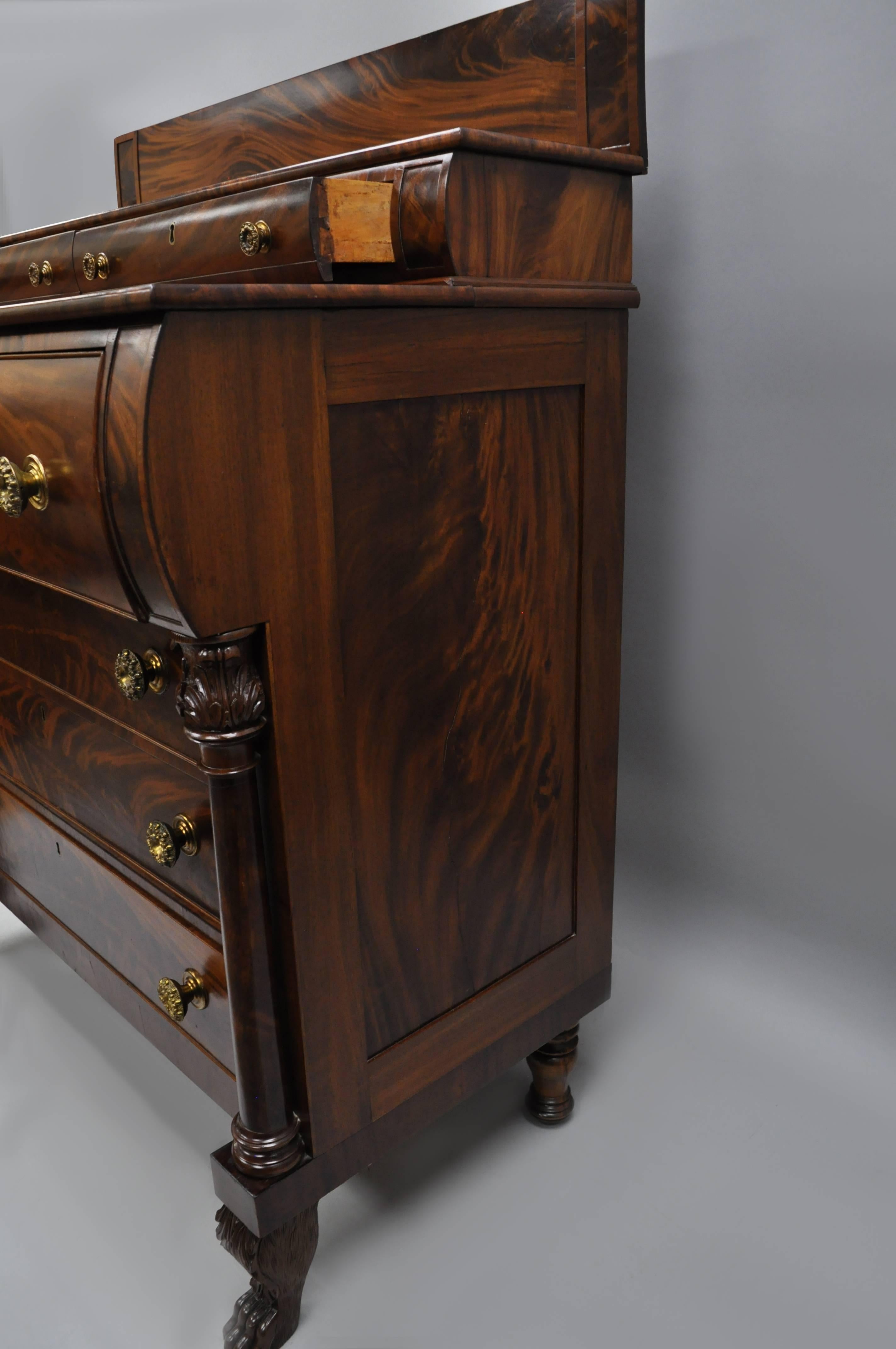 Antique American Empire Crotch Mahogany Chest Drawers Step Back Dresser Paw Feet In Excellent Condition In Philadelphia, PA