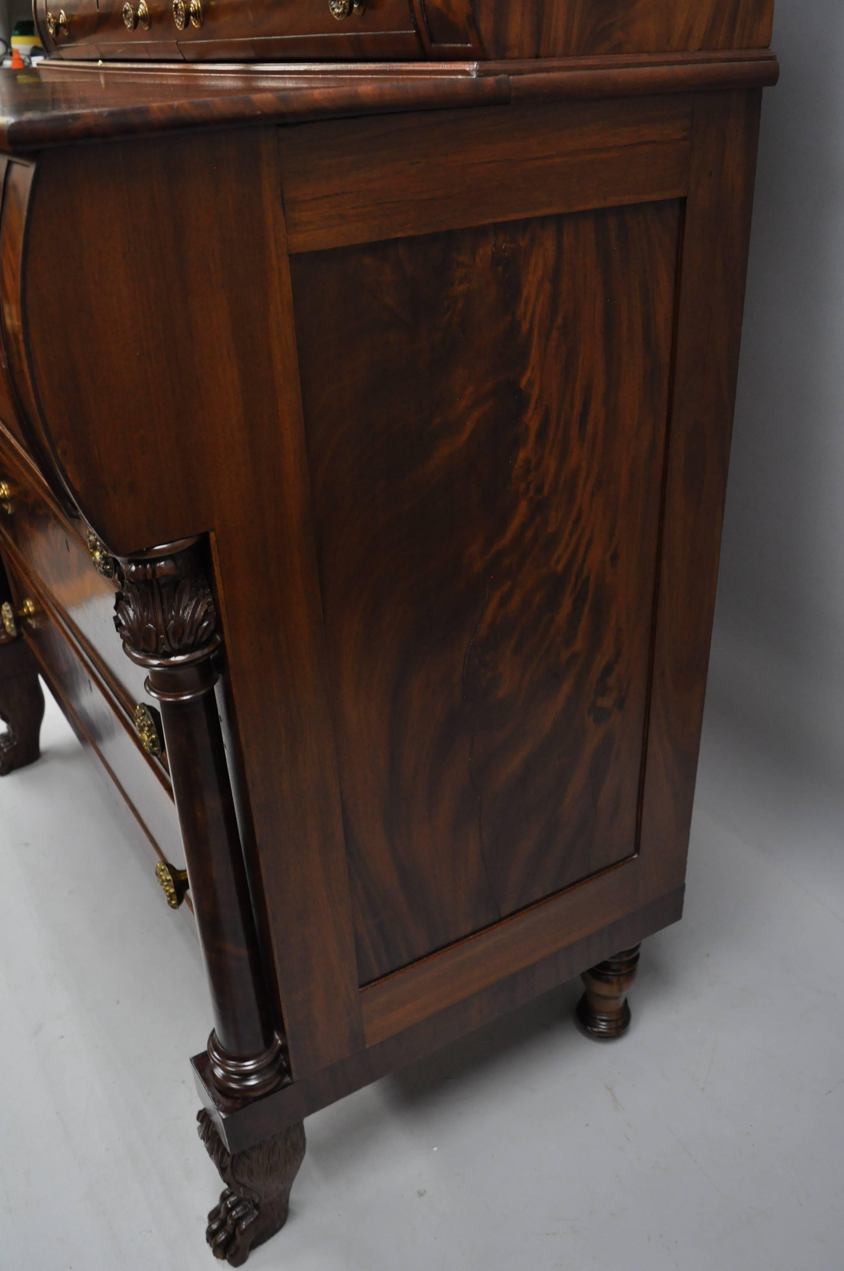19th Century Antique American Empire Crotch Mahogany Chest Drawers Step Back Dresser Paw Feet