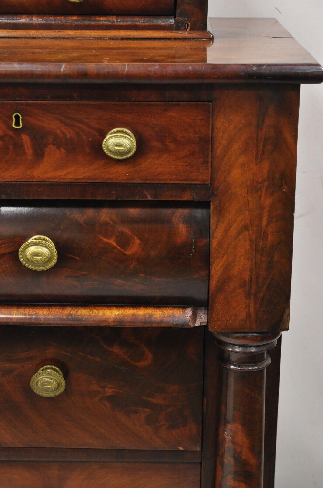 Antique American Empire Crotch Mahogany Chest Drawers Step Back Dresser Paw Feet For Sale 2