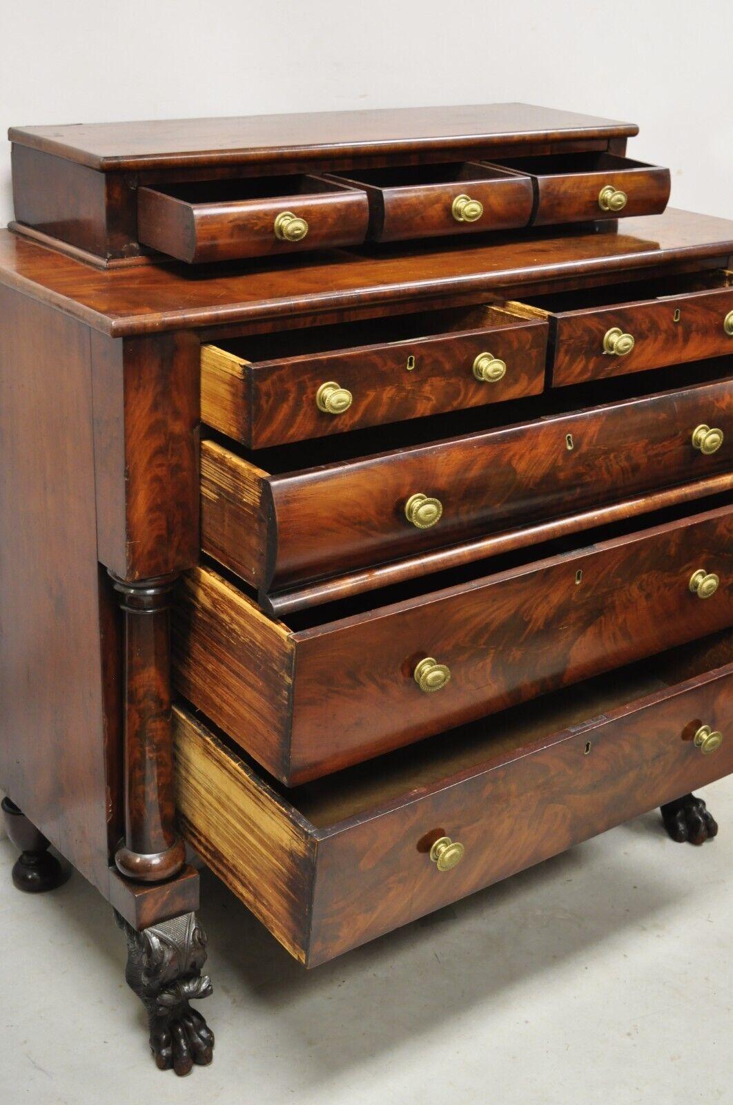 Antique American Empire Crotch Mahogany Chest Drawers Step Back Dresser Paw Feet For Sale 3