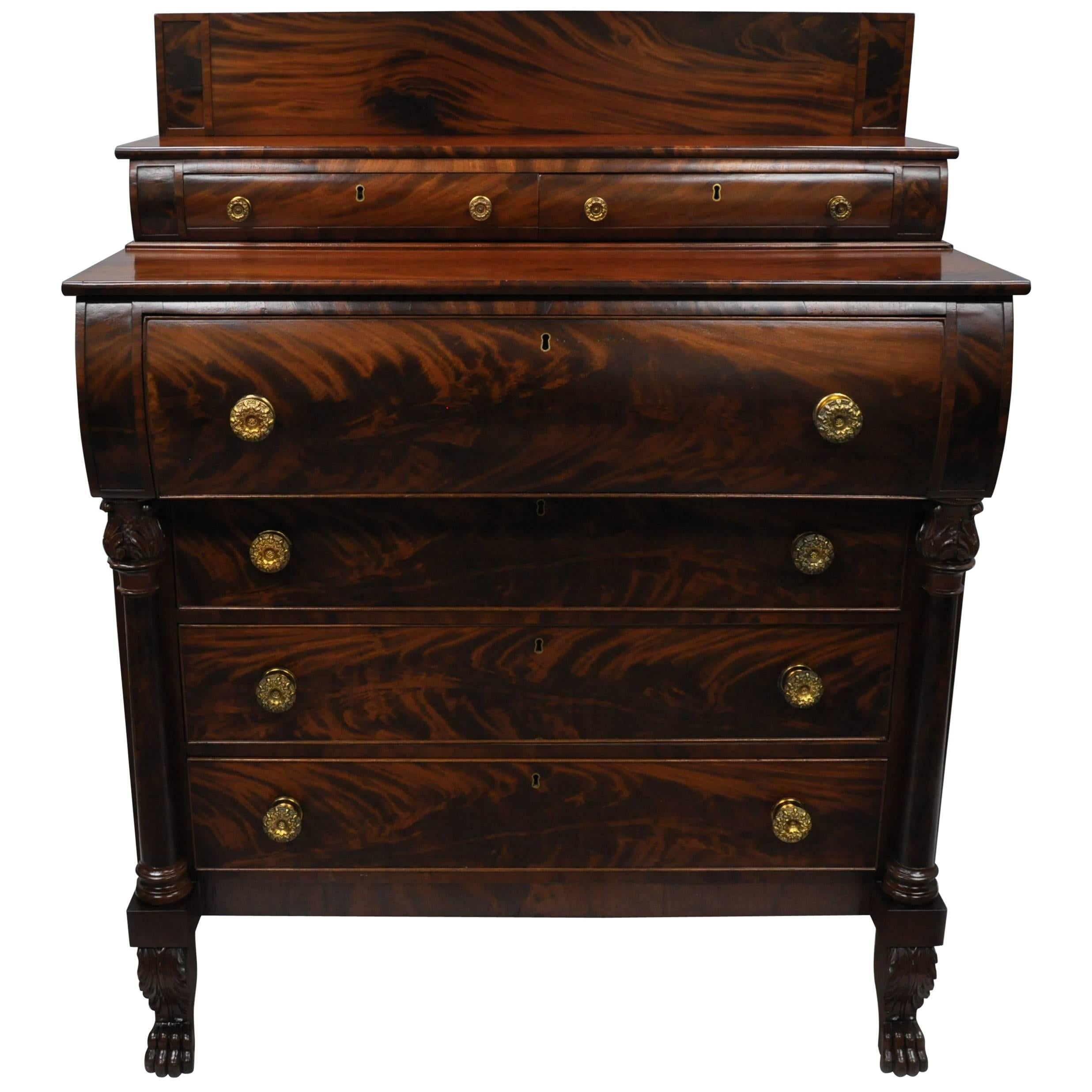Antique American Empire Crotch Mahogany Chest Drawers Step Back Dresser Paw Feet
