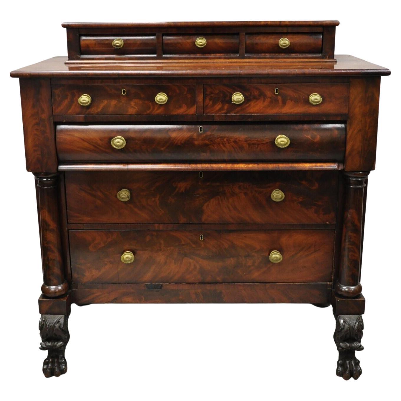 Antique American Empire Crotch Mahogany Chest Drawers Step Back Dresser Paw Feet For Sale