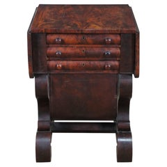Antique American Empire Crotch Mahogany Drop Leaf Sewing Work Side Table Cabinet