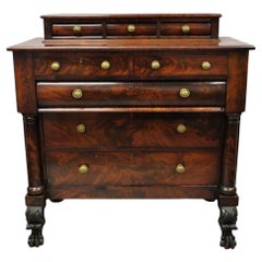Antique American Empire Crotch Mahogany Step Back Tall Chest Dresser w/ Paw Feet