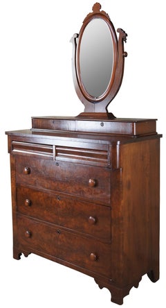Antique American Empire Crotch Walnut Stepback Dresser Wishbone Mirror Chest