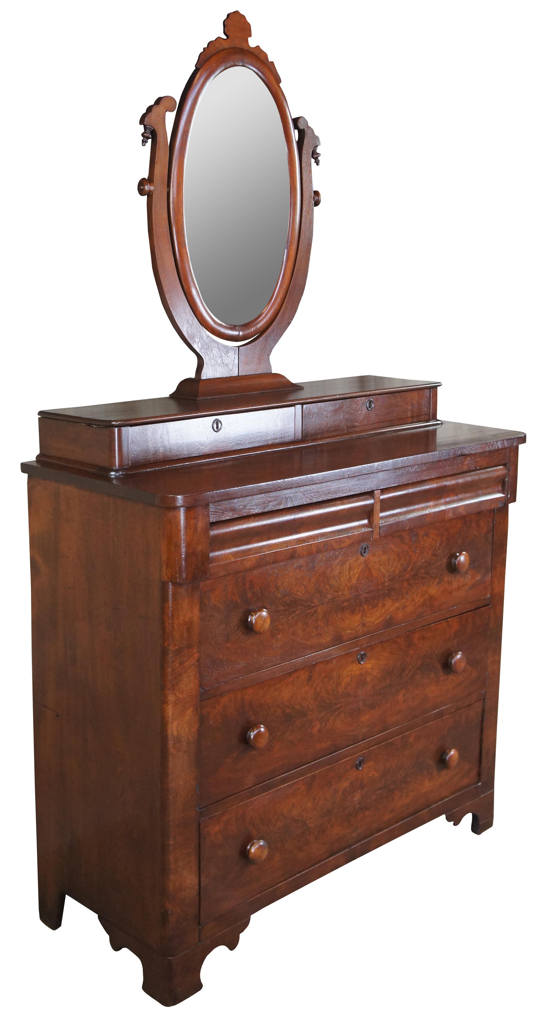 Antique American Empire Crotch Walnut Stepback Dresser Wishbone Mirror Chest In Good Condition In Dayton, OH