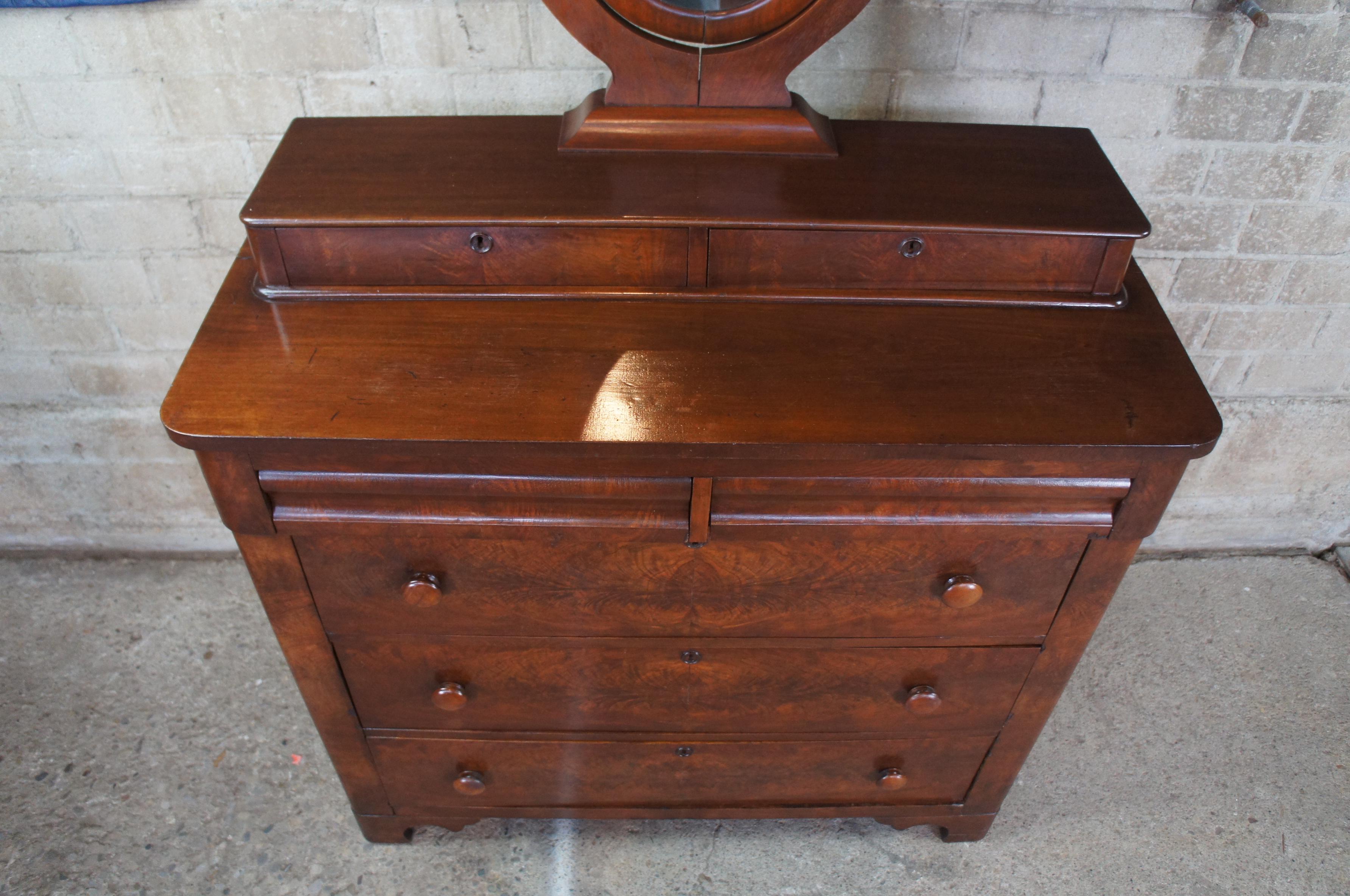 Mid-19th Century Antique American Empire Crotch Walnut Stepback Dresser Wishbone Mirror Chest