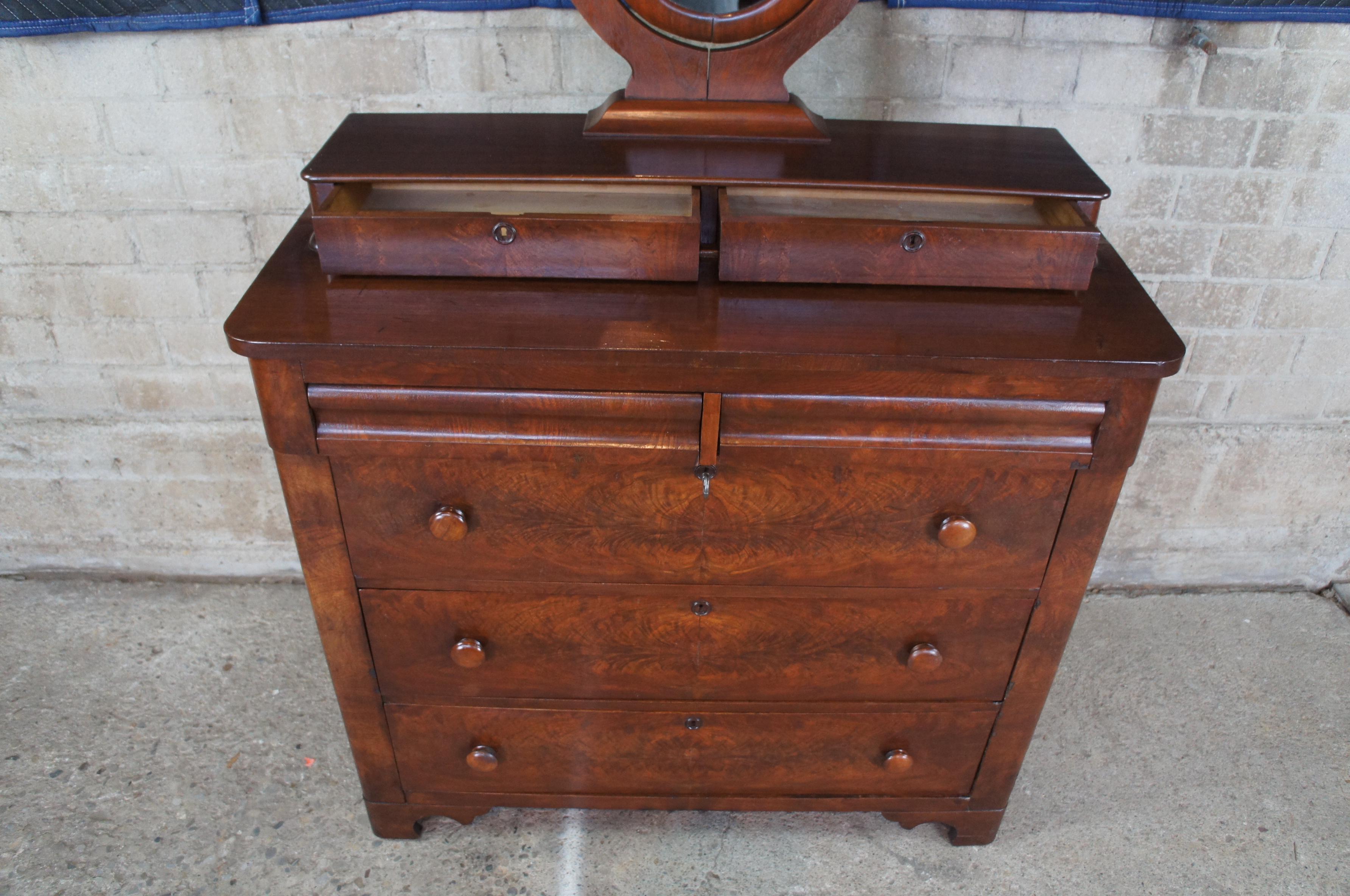 Antique American Empire Crotch Walnut Stepback Dresser Wishbone Mirror Chest 2