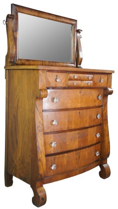 Antique American Empire Crotch Walnut Tallboy Dresser Mirrored Chest of Drawers