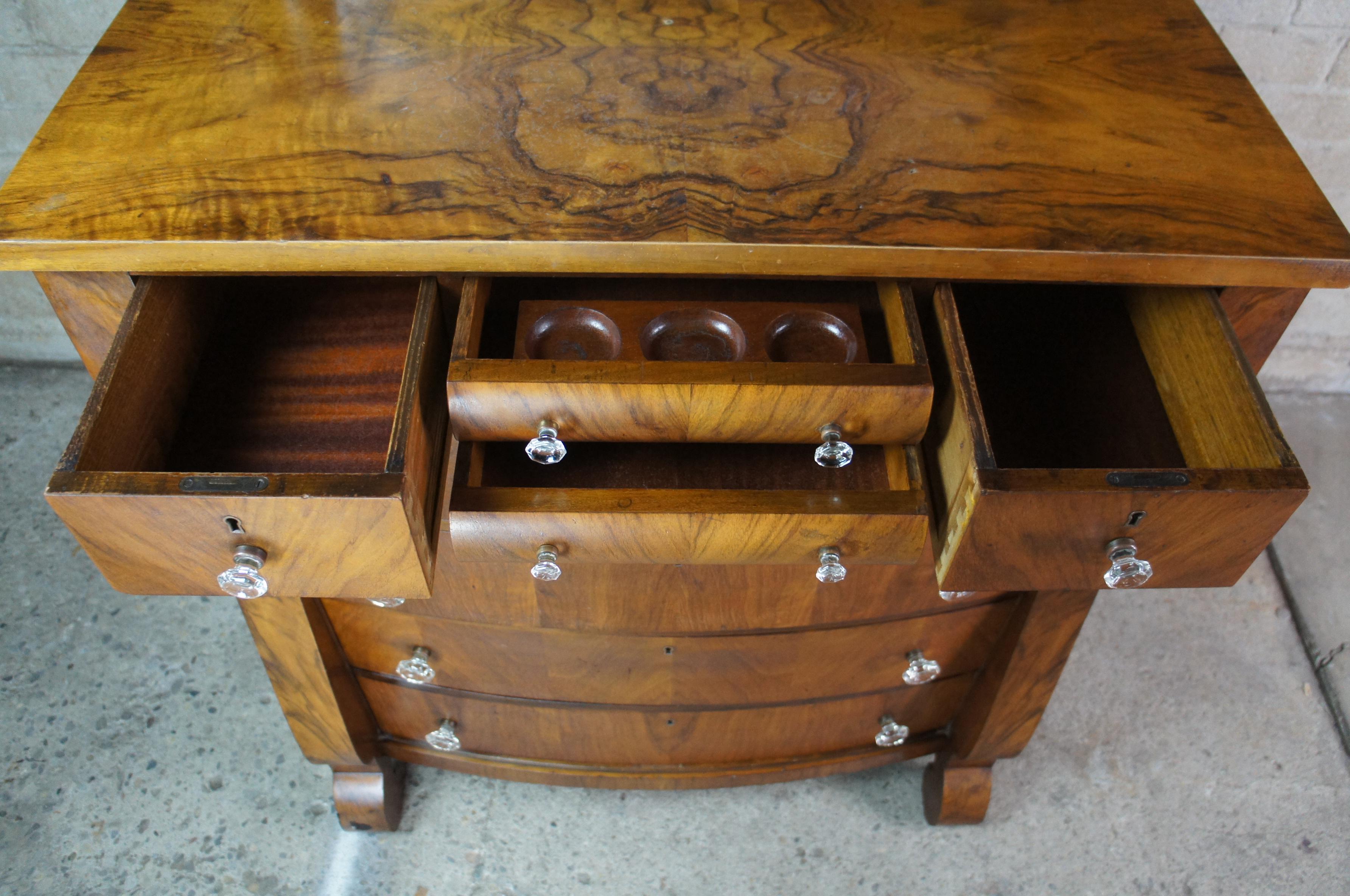 19th Century Antique American Empire Crotch Walnut Tallboy Dresser Mirrored Chest of Drawers 