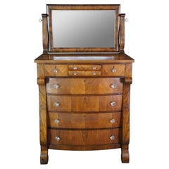 Antique American Empire Crotch Walnut Tallboy Dresser Mirrored Chest of Drawers