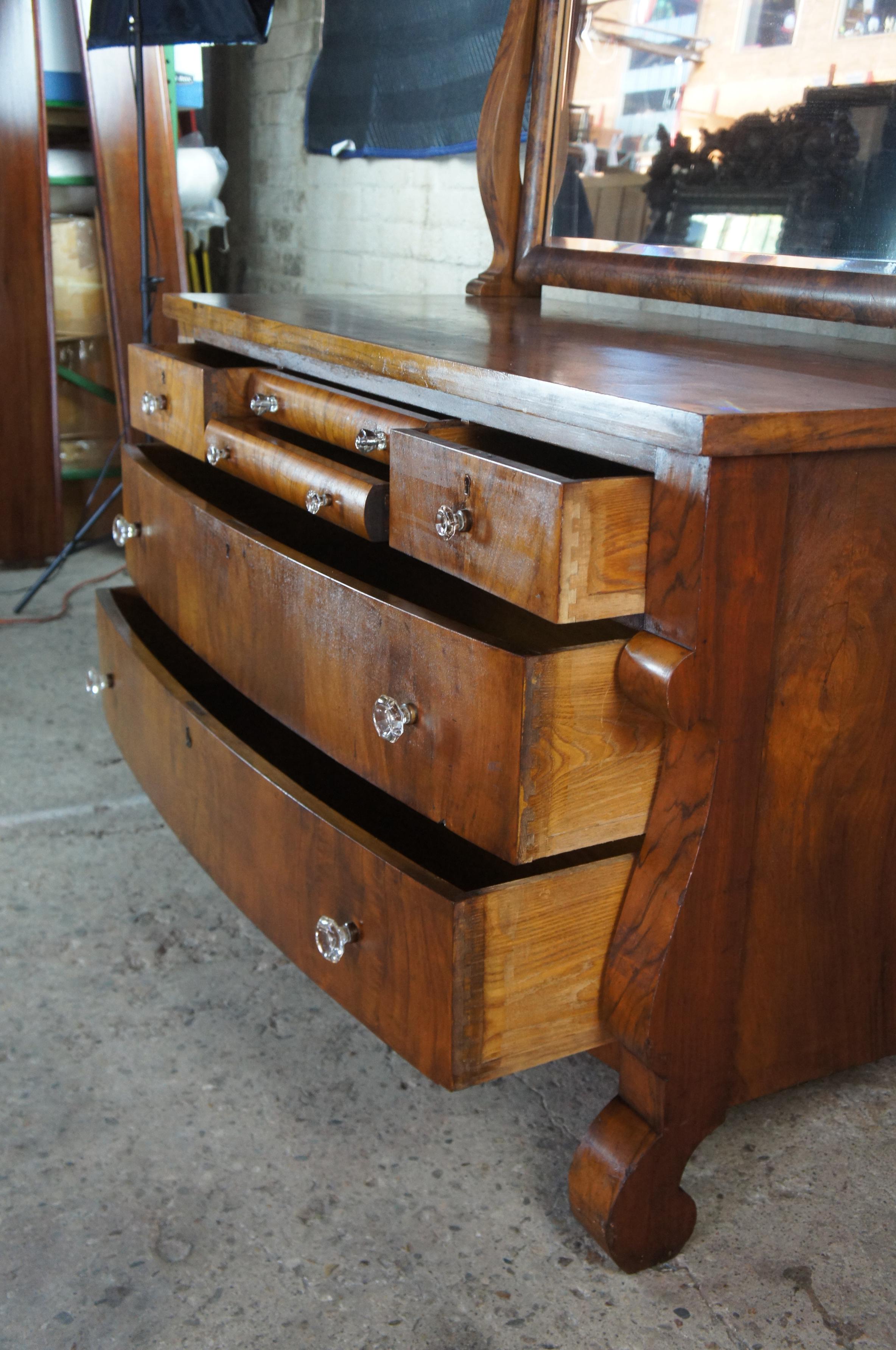 19th Century Antique American Empire Crotch Walnut Vanity Dresser Mirrored Chest of Drawers