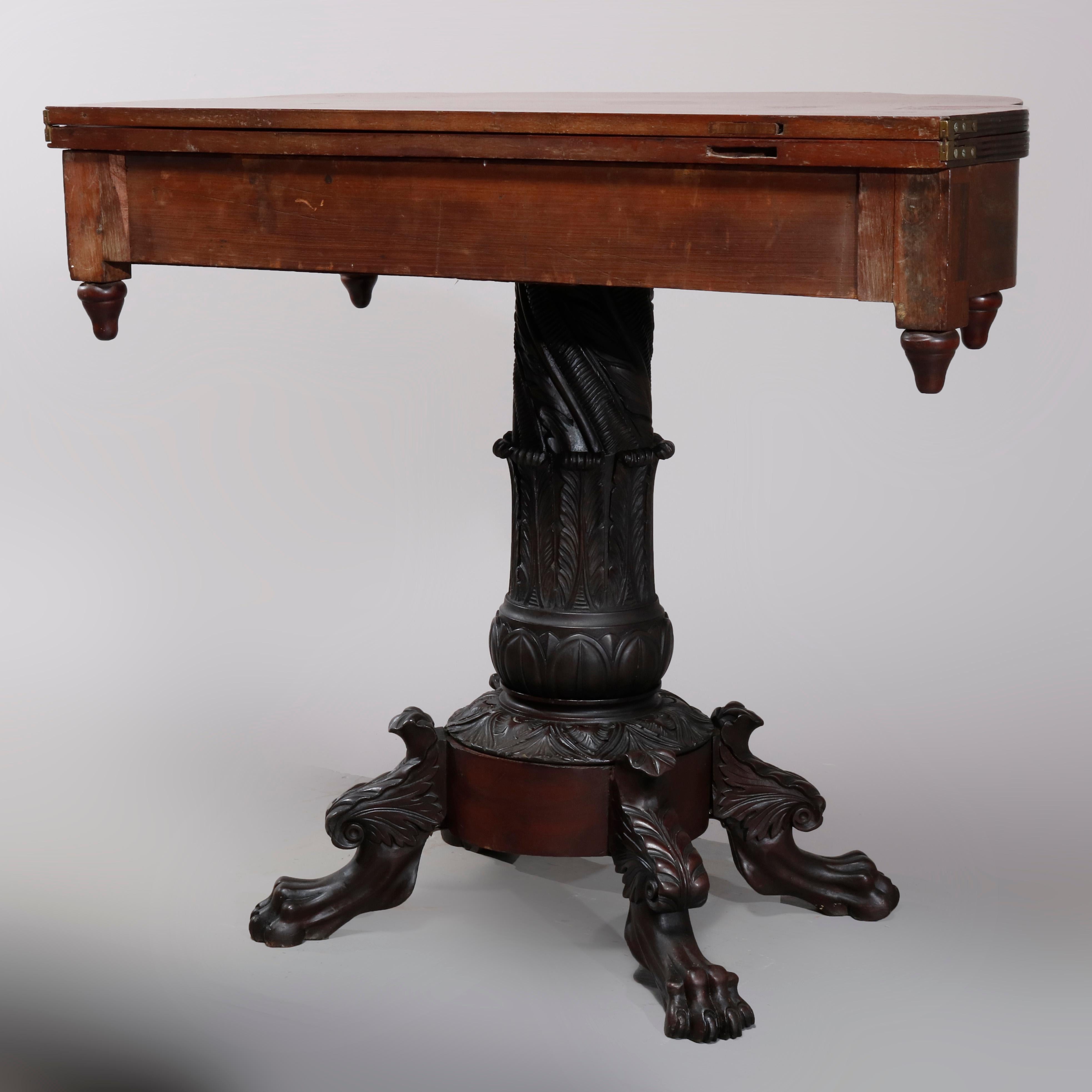 19th Century Antique American Empire Deeply Carved Flame Mahogany Game Table, circa 1840