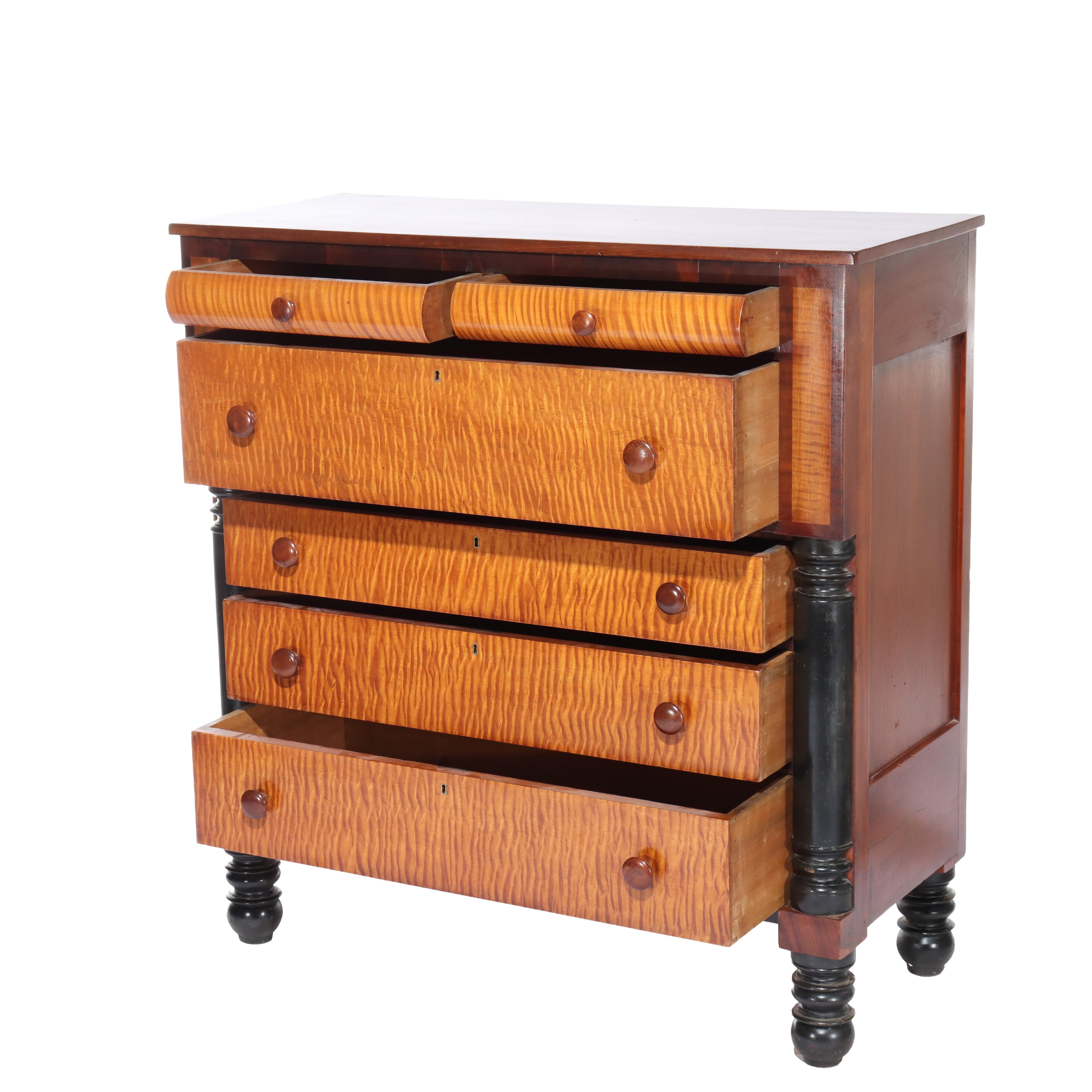 ***Reduced In-House Delivery Rates - Click on “Ask Seller” to Request a Quote***
Antique American Empire Ebonized Cherry & Tiger Maple 6 Drawer Chest C1840.     
Measures - 56 1/2