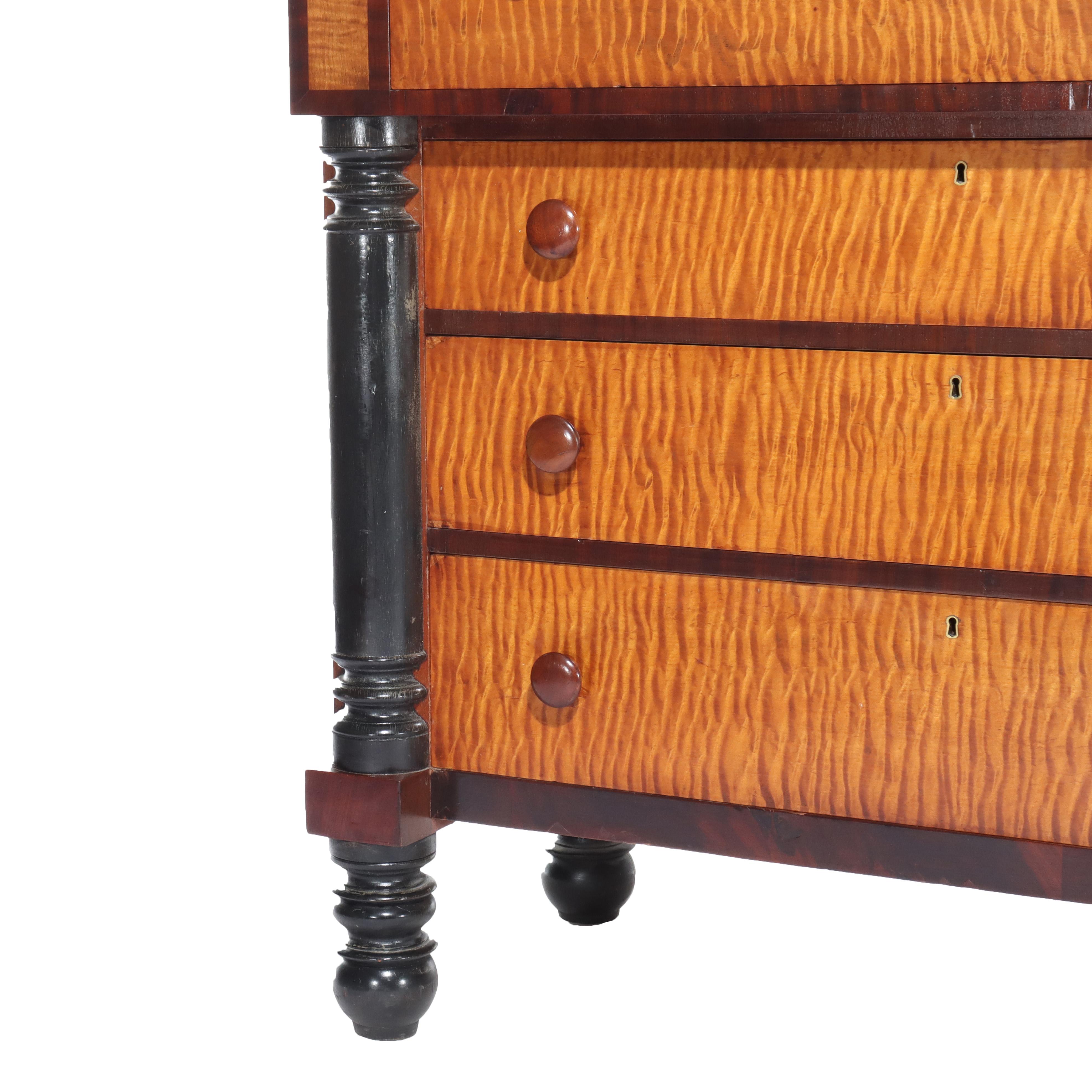 19th Century Antique American Empire Ebonized Cherry & Tiger Maple 6 Drawer Chest c1840 For Sale
