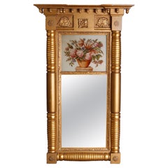 Antique American Empire Eglomise Gold Gilt Panier de Fleurs Trumeau Mirror