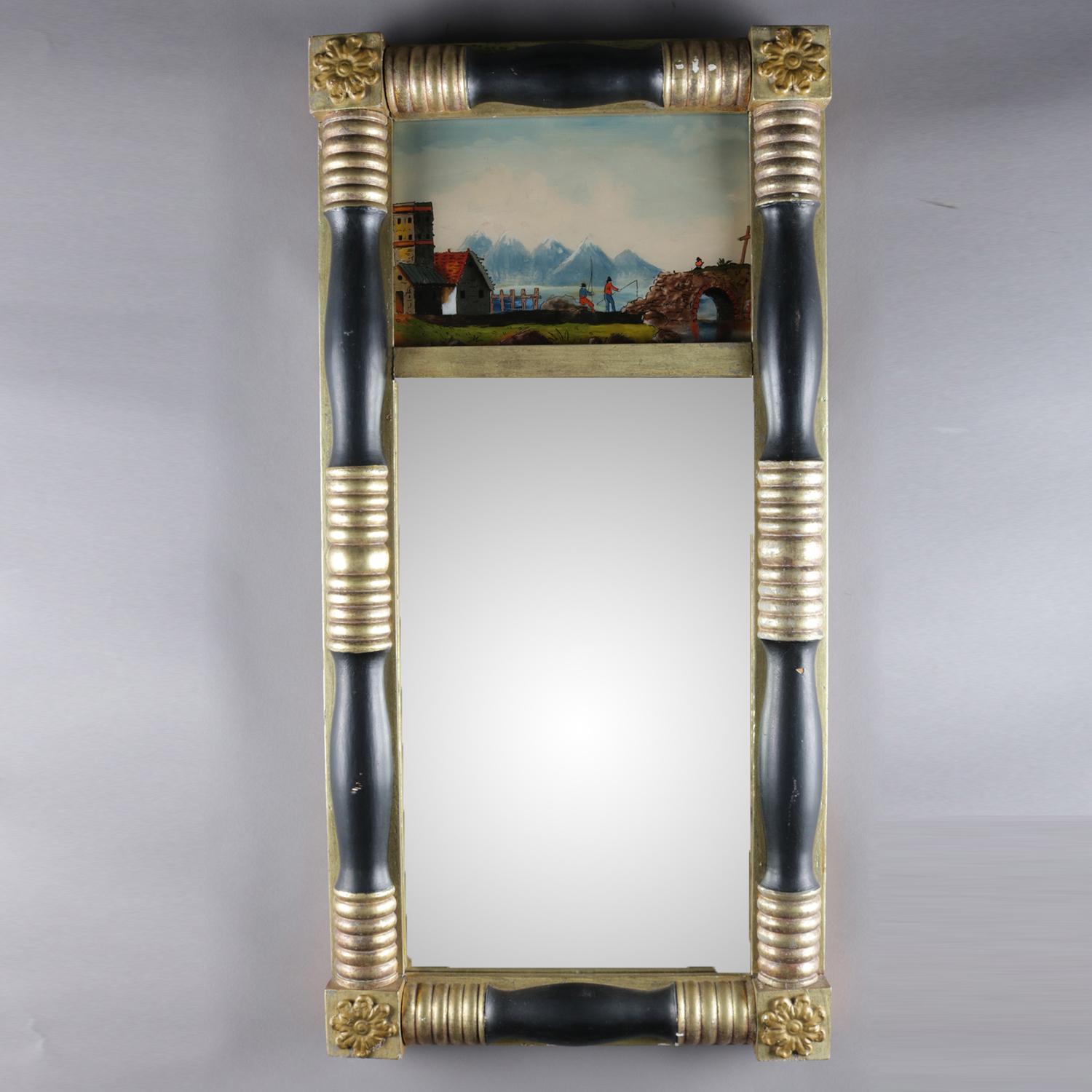 Antique American Empire Eglomise Trumeau Gilt and Ebonized Wall Mirror 6