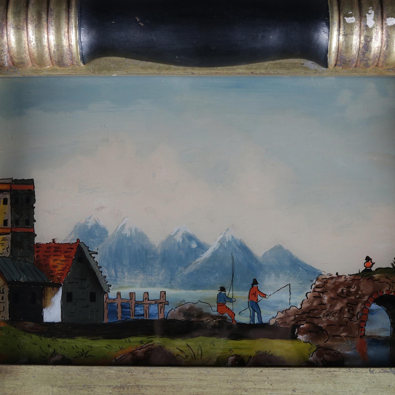 An antique American Empire trumeau wall mirror features ebonized and gilt column-form frame having carved rosette corner blocks and hand painted églomisé upper panel depicting lake fishing scene, circa 1840.

***DELIVERY NOTICE – Due to COVID-19 we
