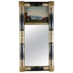 Antique American Empire Eglomise Trumeau Gilt and Ebonized Wall Mirror