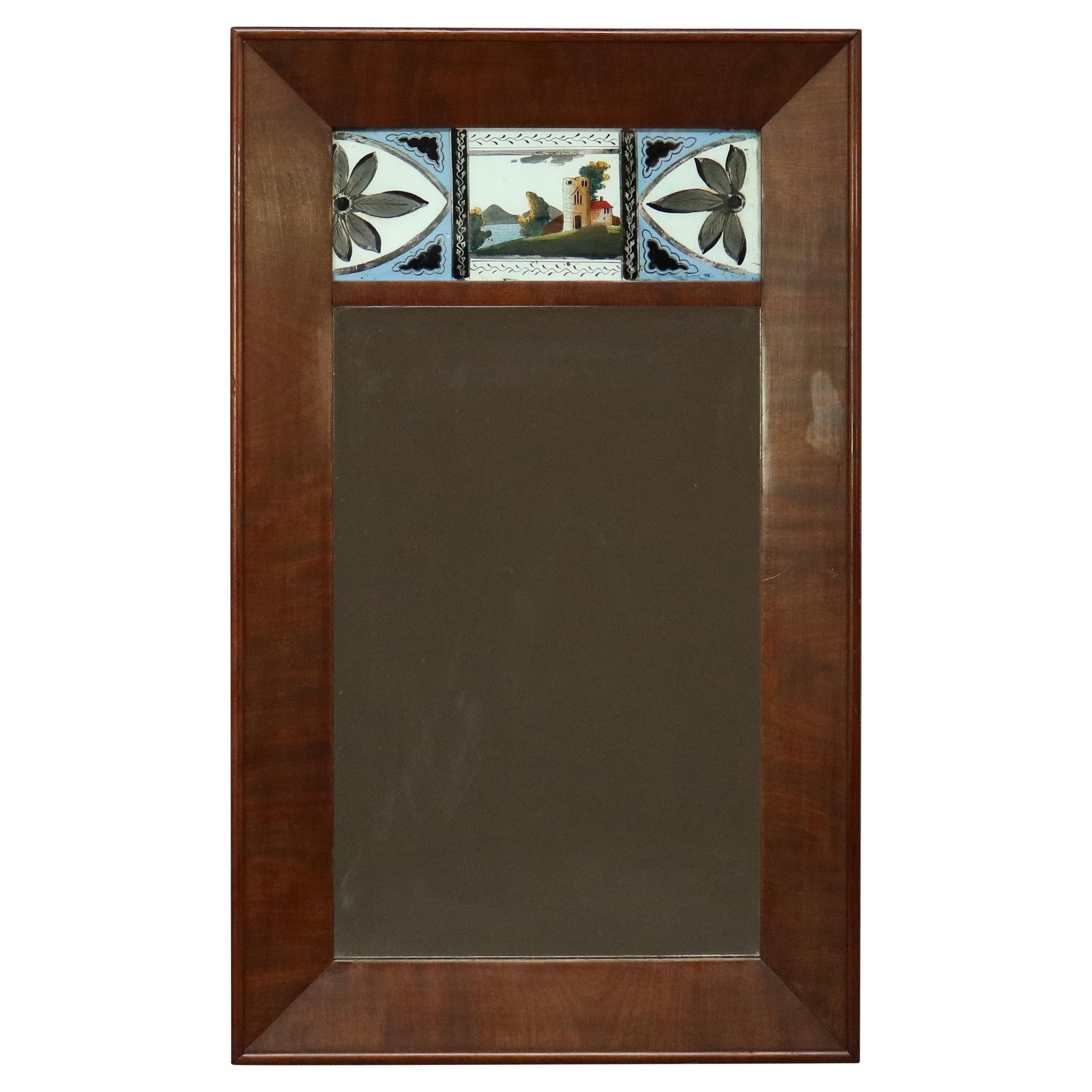 Antique American Empire Englomise Flame Mahogany Trumeau Wall Mirror, c1840 For Sale