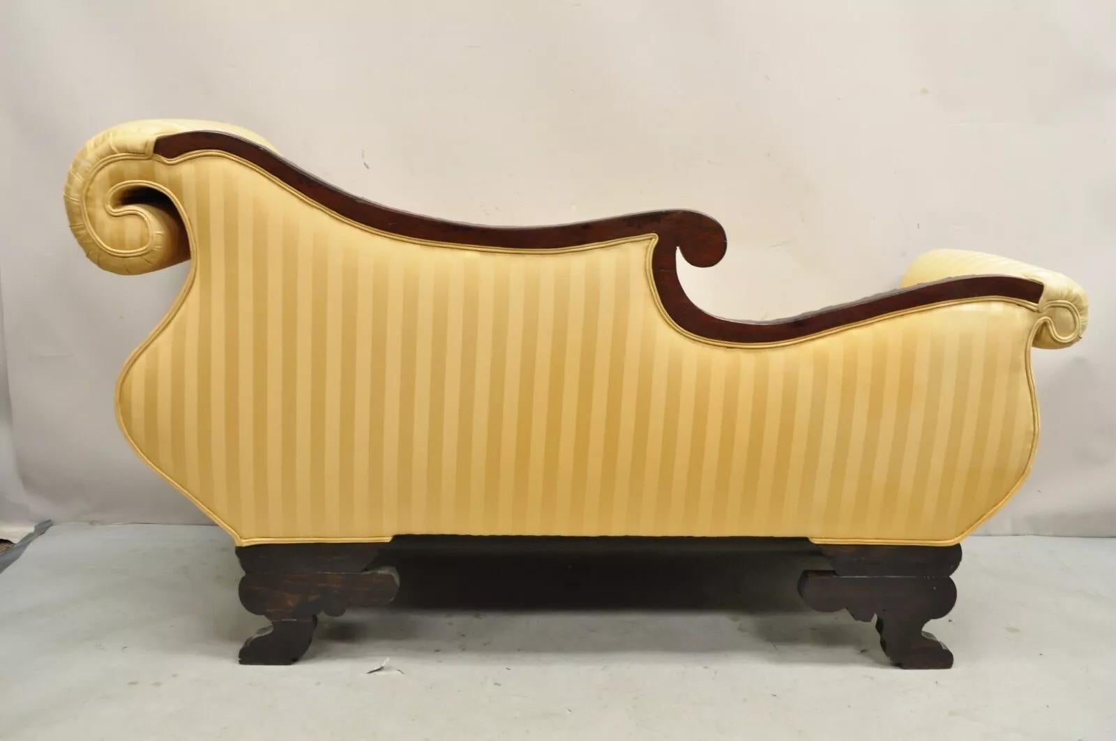 Antique American Empire Figural Carved Mahogany Recamier Gold Chaise Lounge Sofa For Sale 3