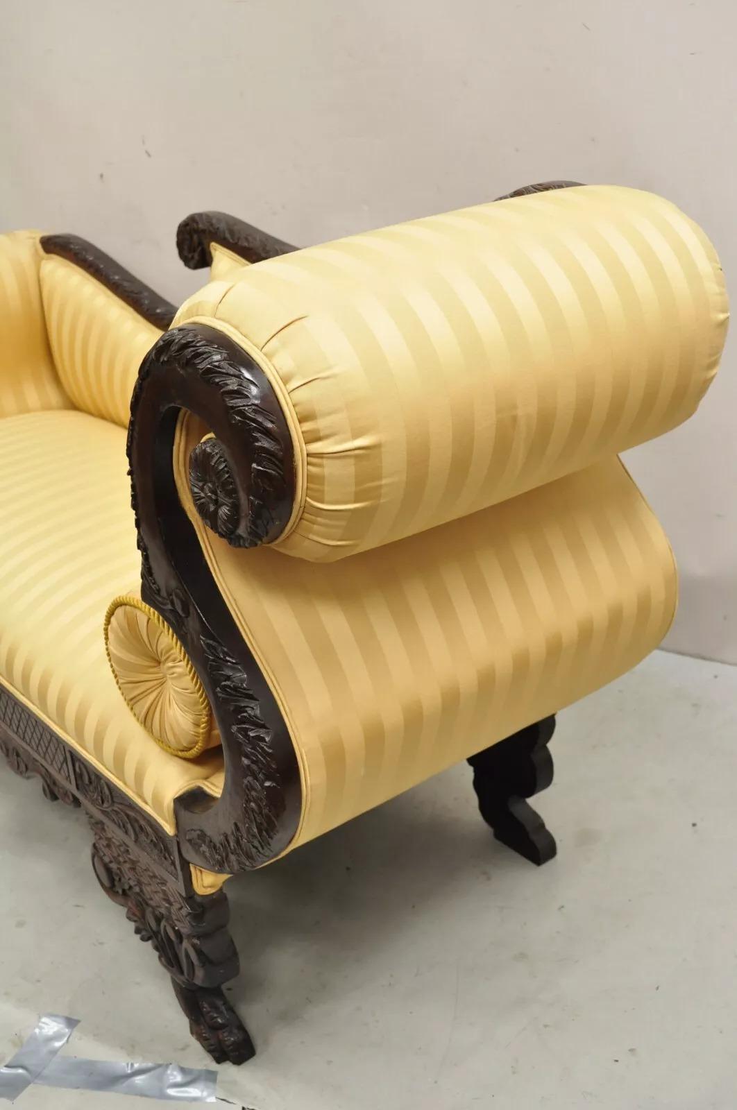 Antique American Empire Figural Carved Mahogany Recamier Gold Chaise Lounge Sofa For Sale 4