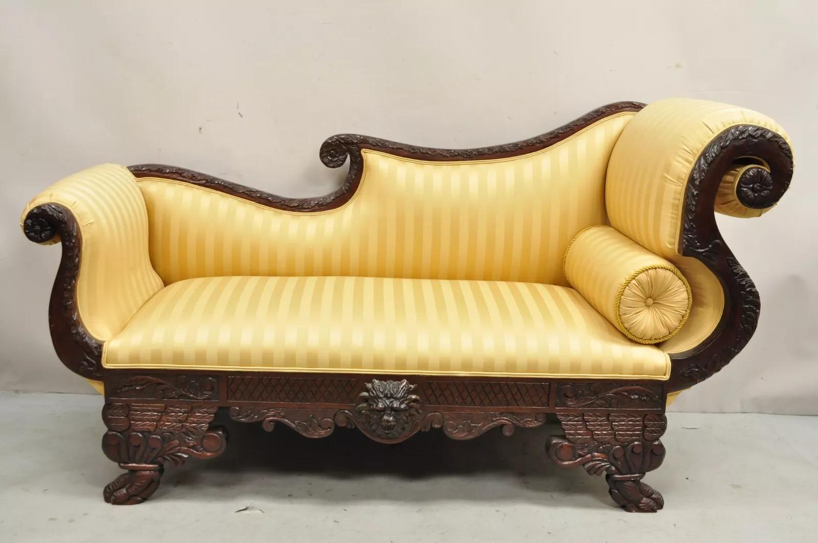 Antique American Empire Figural Carved Mahogany Recamier Gold Chaise Lounge Sofa For Sale 5