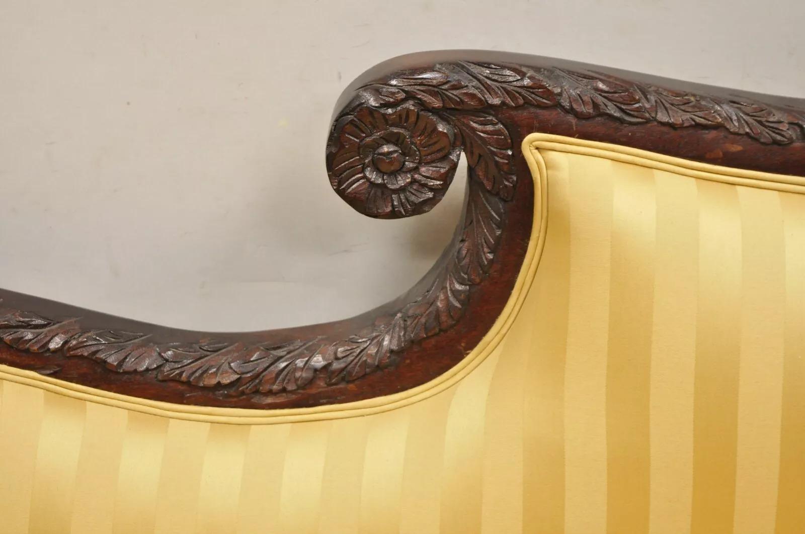 Unknown Antique American Empire Figural Carved Mahogany Recamier Gold Chaise Lounge Sofa For Sale
