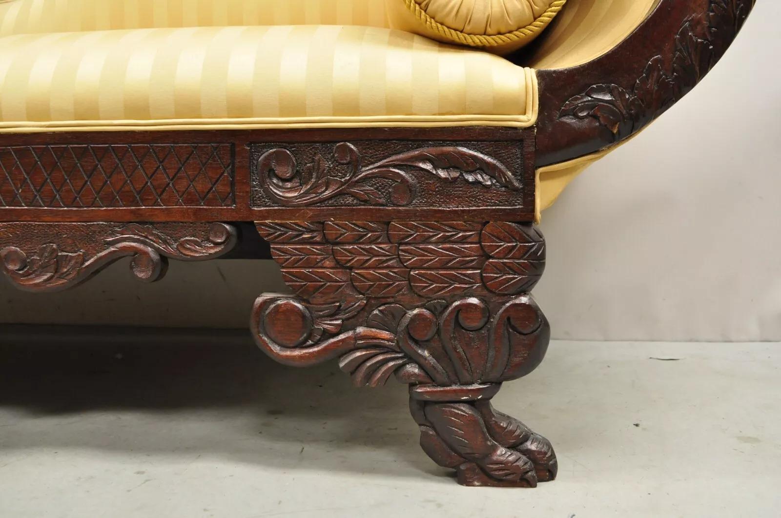19th Century Antique American Empire Figural Carved Mahogany Recamier Gold Chaise Lounge Sofa For Sale