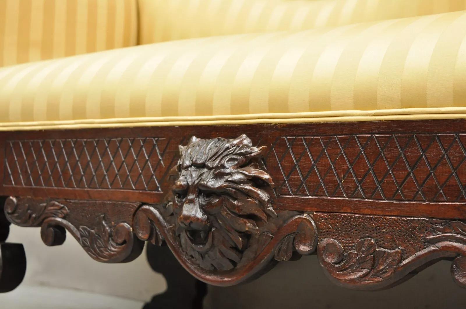 Antique American Empire Figural Carved Mahogany Recamier Gold Chaise Lounge Sofa For Sale 1