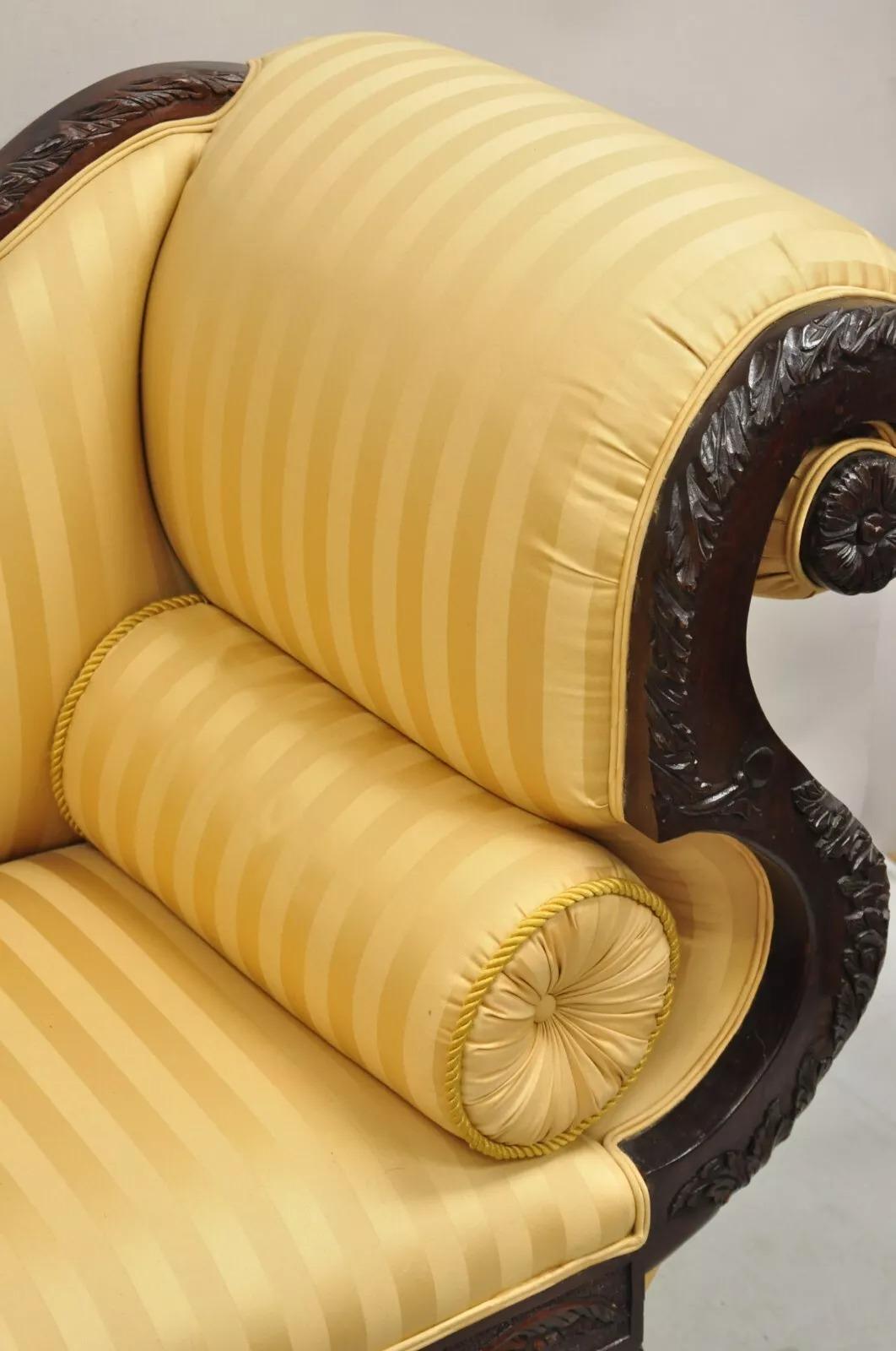 Antique American Empire Figural Carved Mahogany Recamier Gold Chaise Lounge Sofa For Sale 2