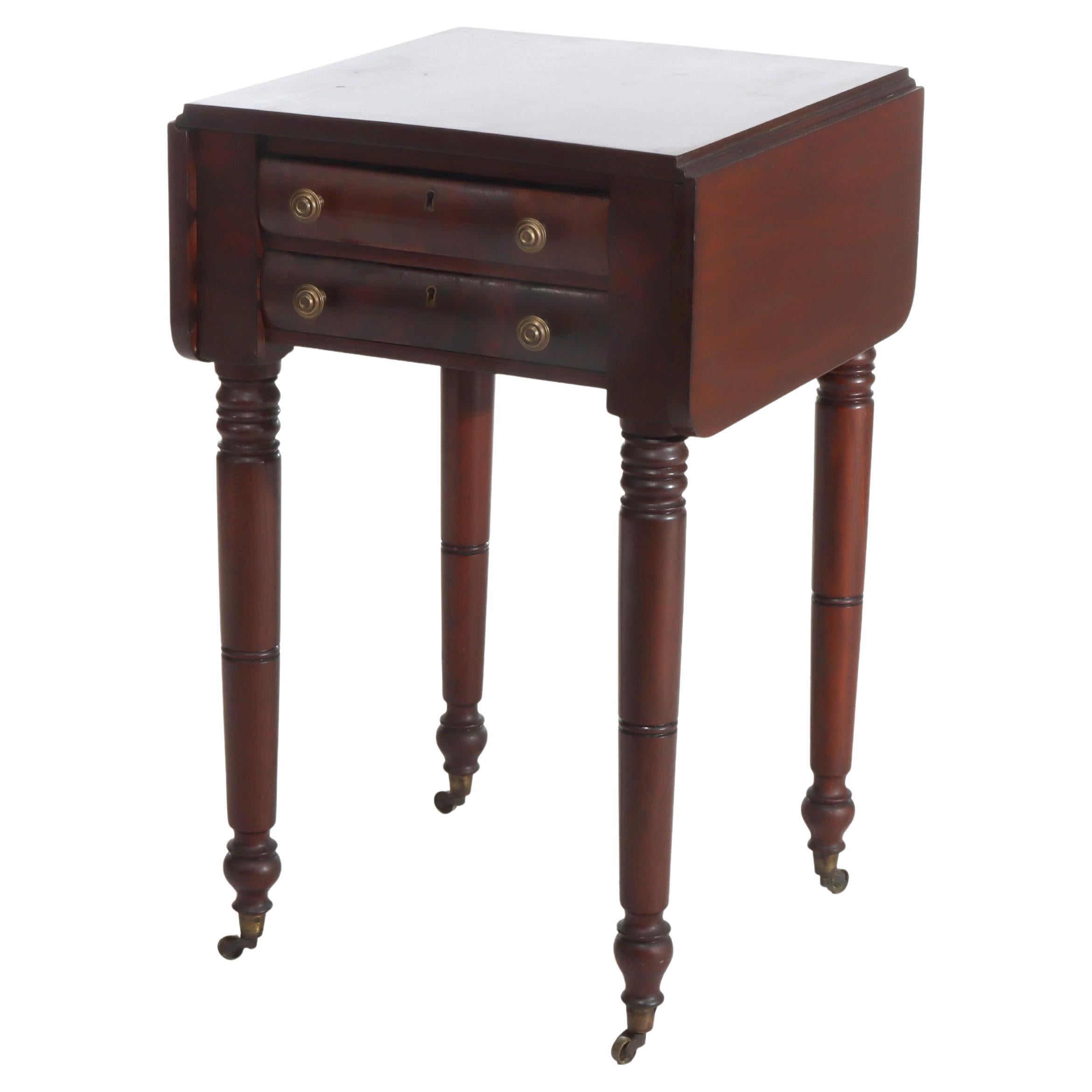 Antique American Empire Flame Mahogany 2 Drawer Drop Leaf Work Table c1840