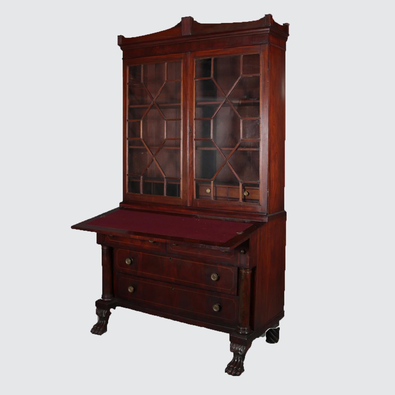 19th Century Antique American Empire Flame Mahogany Bookcase Drop Front Secretary, circa 1840