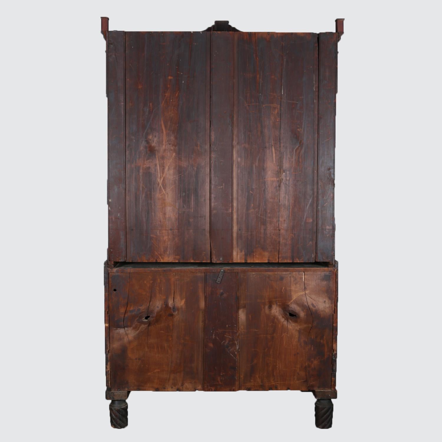 Carved Antique American Empire Flame Mahogany Bookcase Drop Front Secretary, circa 1840