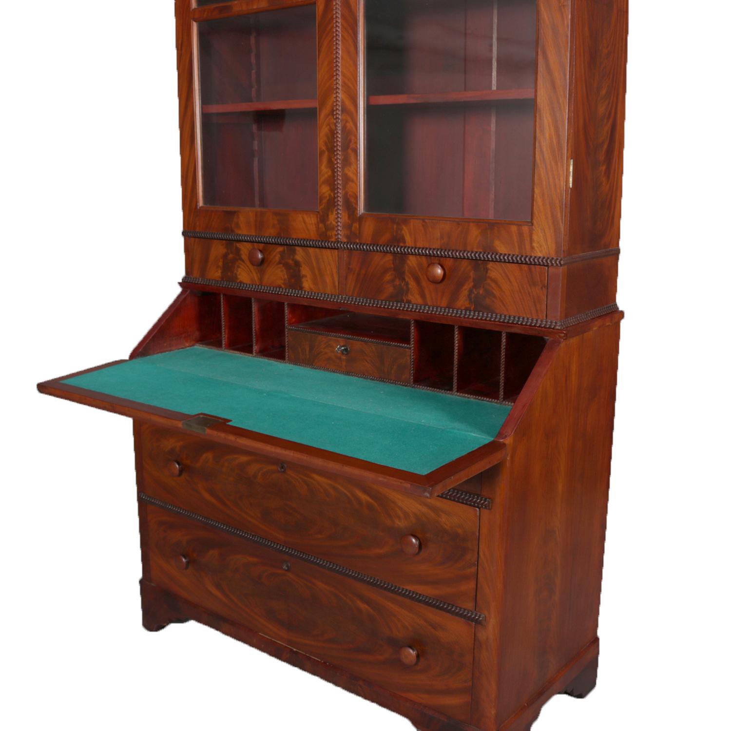 Antique American Empire Flame Mahogany Bookcase Secretary, circa 1840 In Good Condition In Big Flats, NY