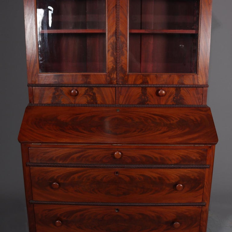 Antique American Empire Flame Mahogany Bookcase Secretary, circa 1840