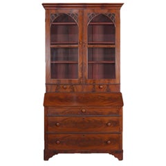 Antique American Empire Flame Mahogany Bookcase Secretary, circa 1840